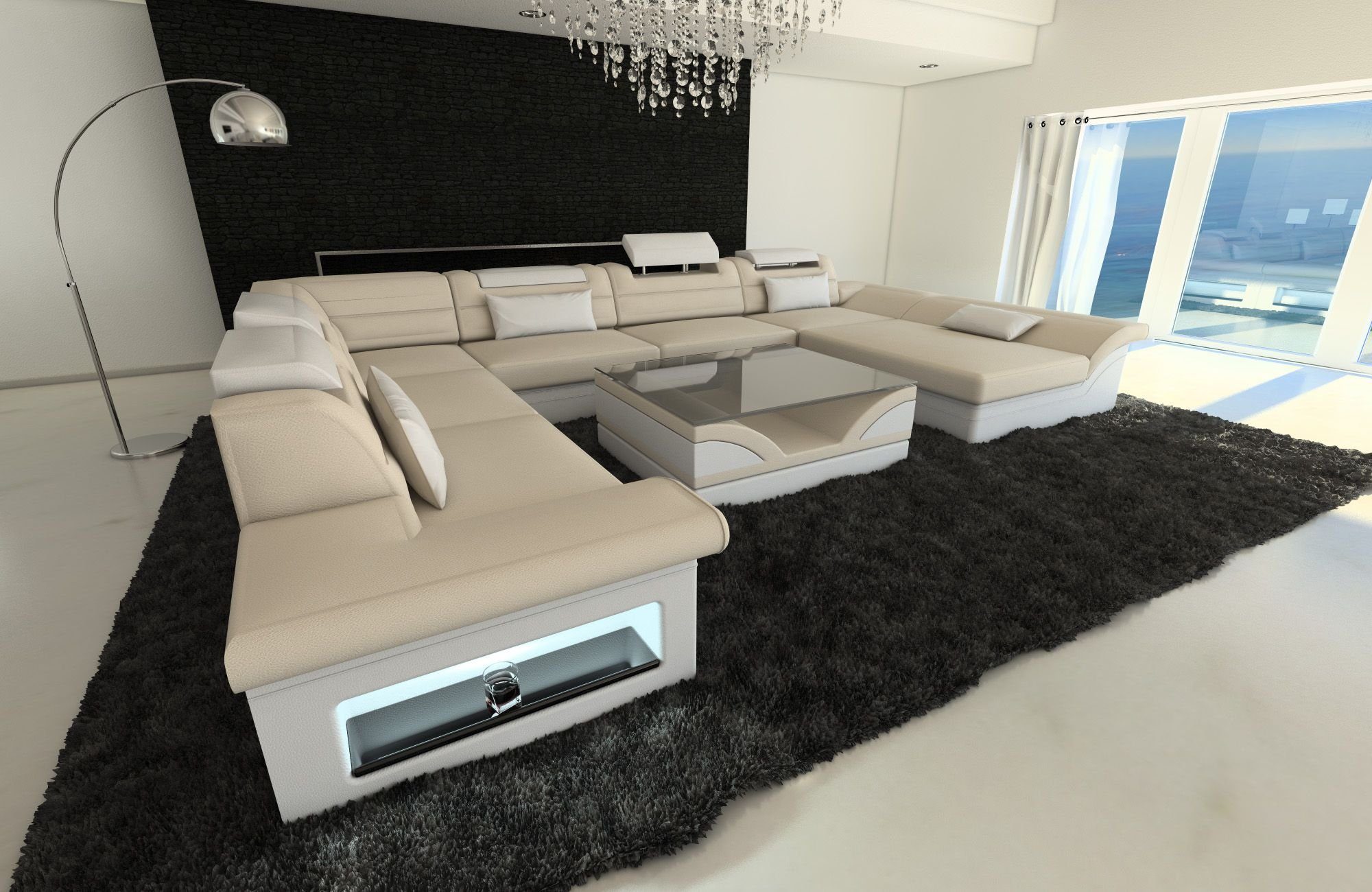 Elfenbein-Weiss Bettfunktion Sofa mit Stoffsofa als Designersofa Polstercouch, mit LED, Schlafsofa, Couch Polster Stoff Enzo XXL C86 U wahlweise Form Wohnlandschaft Dreams Sofa