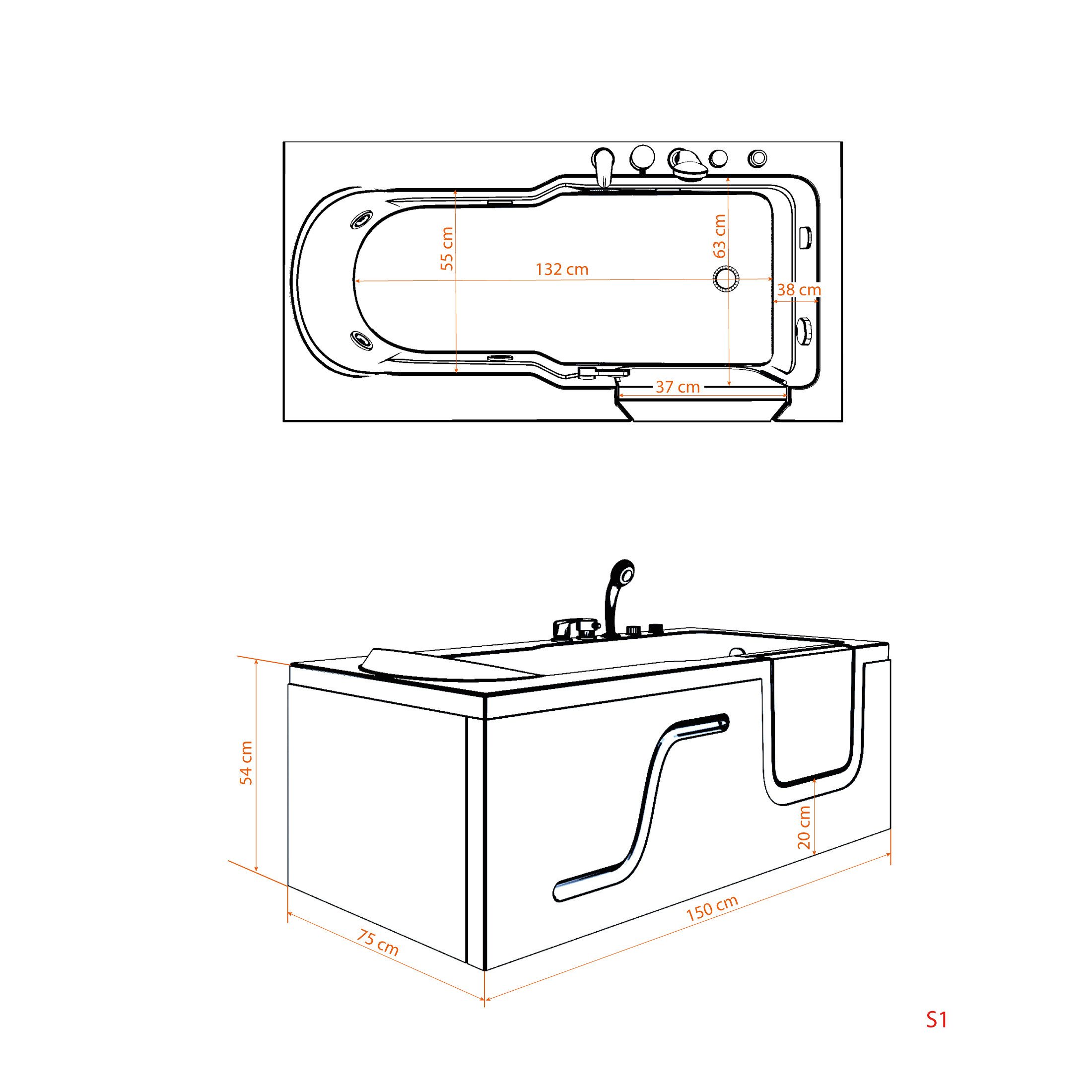 AcquaVapore Whirlpool-Badewanne Seniorenwanne mit Tür S17-WP-L-ALL 150x75cm, (1-tlg), mit Ablaufgarnitur