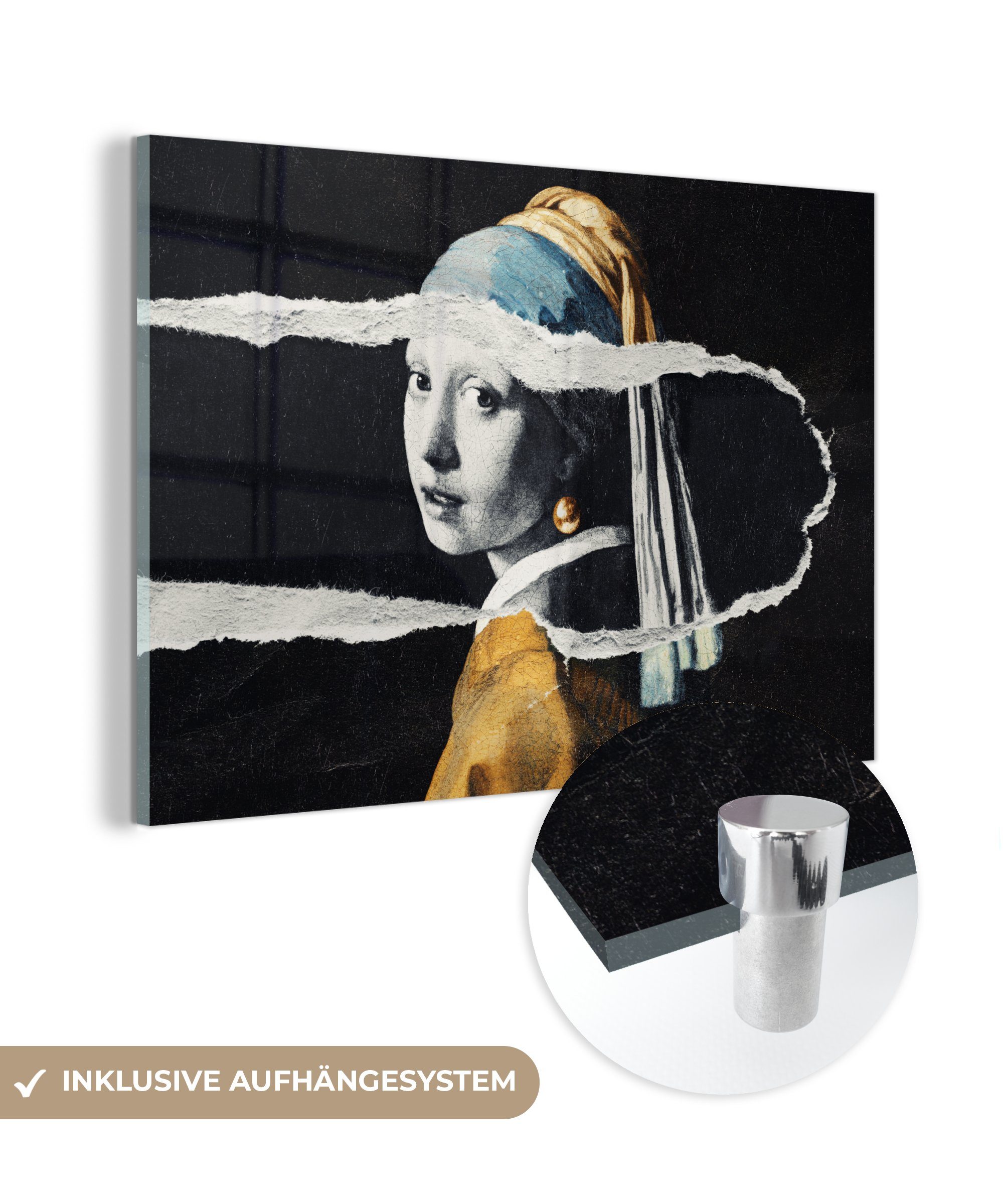 MuchoWow Acrylglasbild Mädchen mit Perlenohrring - Gold - Vermeer - Schwarz - Weiß, (1 St), Glasbilder - Bilder auf Glas Wandbild - Foto auf Glas - Wanddekoration