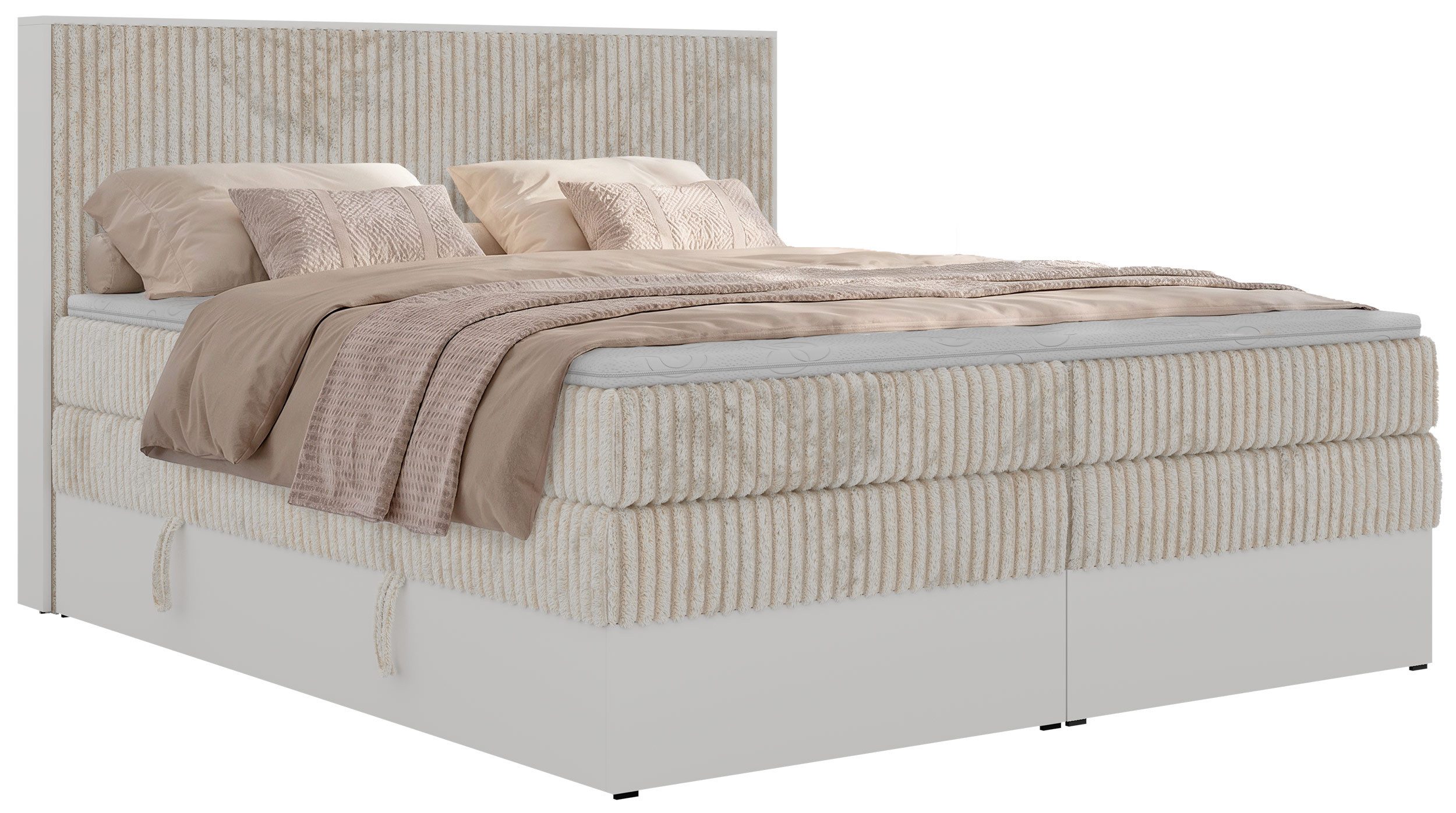 MKS MÖBEL Boxspringbett TRAVIT KING (mit Stauraum, Set, inkl. 2 Multipocket Matratzen und Topper (T25/Visco), Cord-Bezug), weiße Deko-Möbelplattenelementen, H3/H4, 140x200–200x200