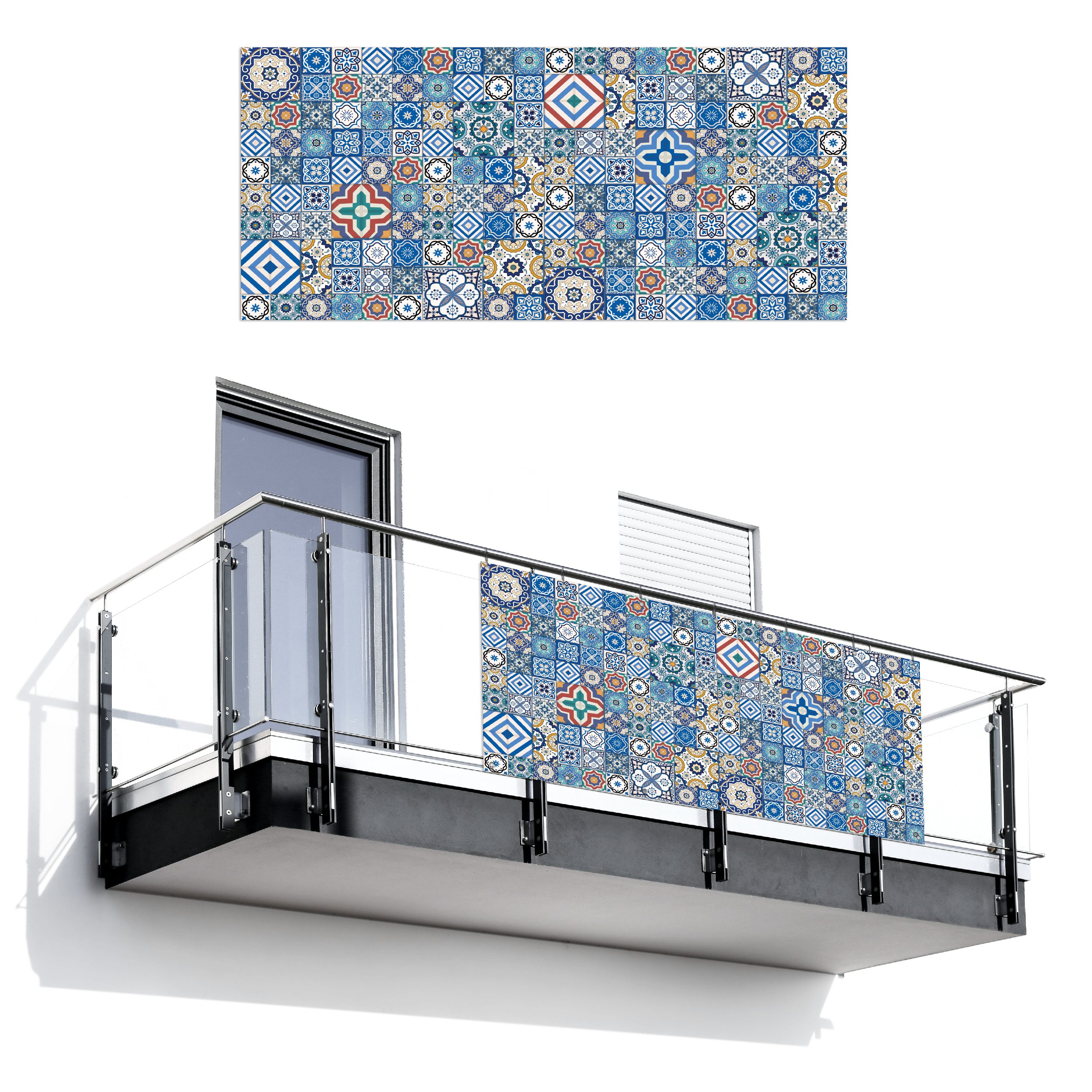 MuchoWow Экран конфиденциальности балкона Muster - Blau - Formen (1-St) Balkon Sichtschutz 90x200, Windschutz für Zaun PVC, 200x90 cm