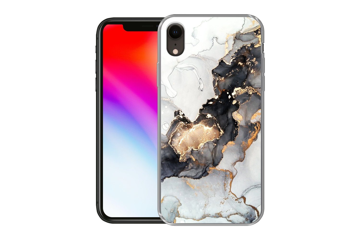 MuchoWow Handyhülle für Apple iPhone XR Marmor - Schwarz - Weiß - Gold - Luxus - Abstrakt, Smartphone-Bumper, Print, Handy Schutzhülle Dünn