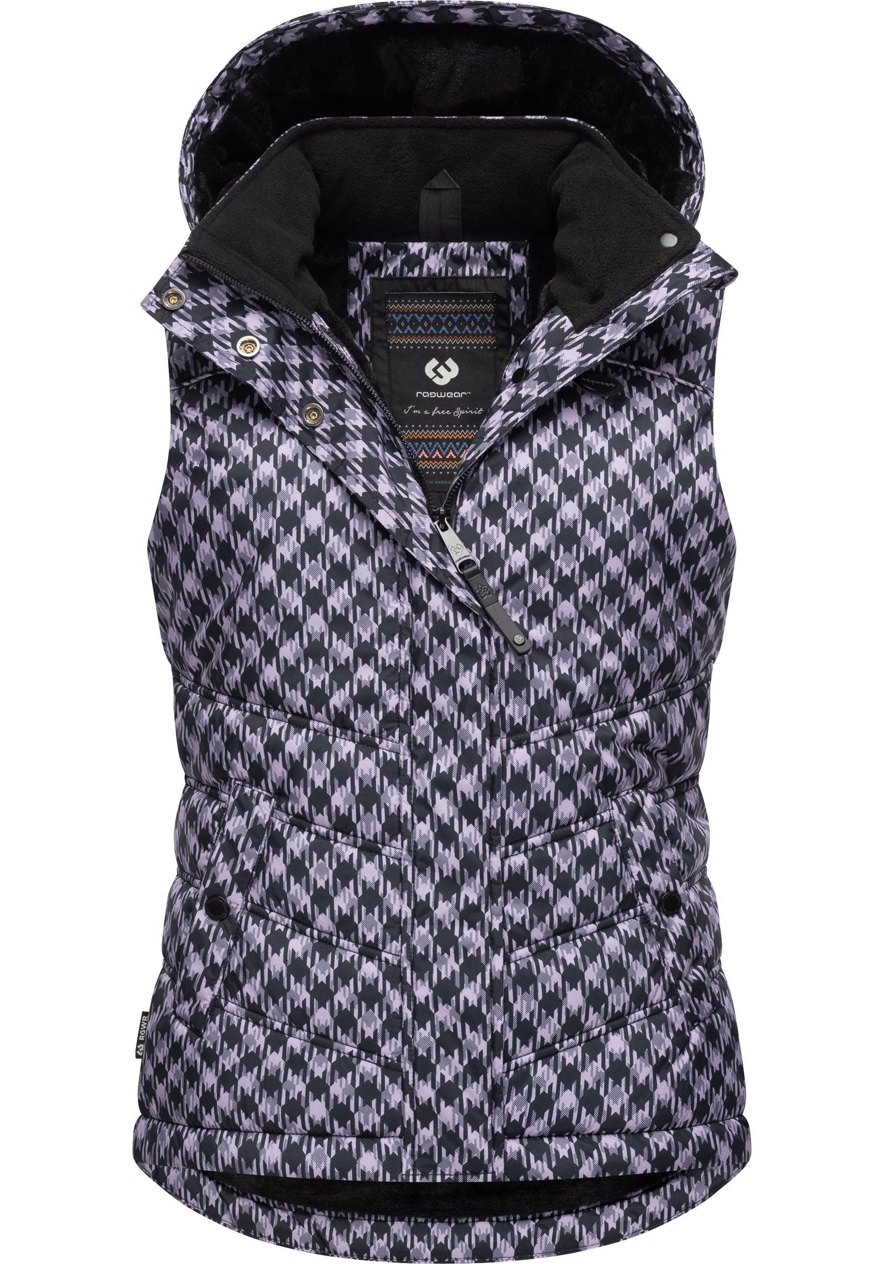 Ragwear Steppweste Hesty Print Weste mit abnehmbarer Kapuze und Hahnentritt Muster