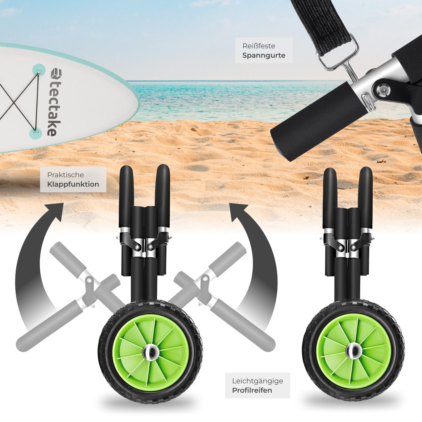 tectake SUP-Transportwagen Surfboard Transportwagen WaveWheel, rostfreies Aluminium, (Komplettset), inkl. 2 Sicherungsgurte, 42 x 70 x 48,5 cm