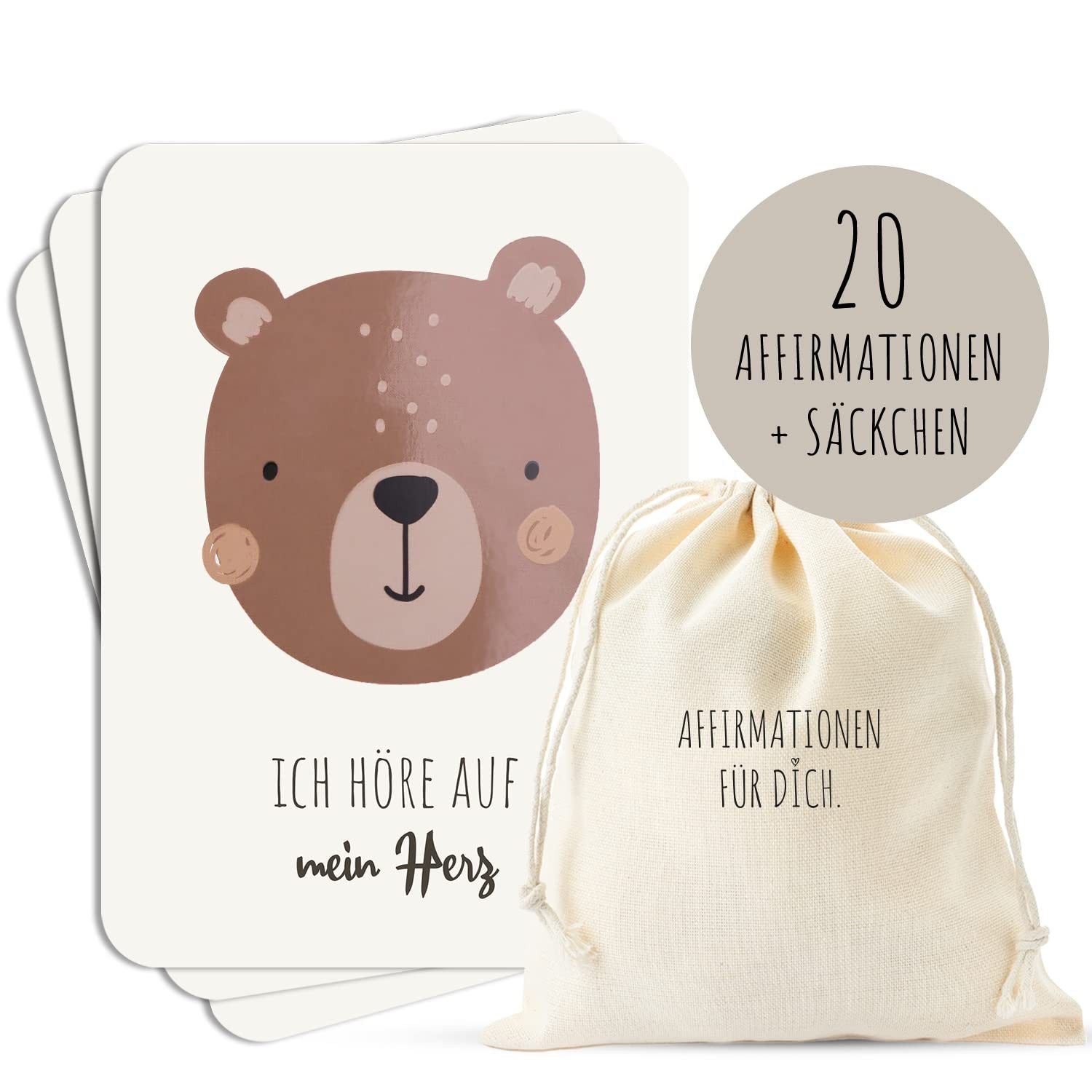 MeinBaby123® Geburtskarte 20 Affirmationen für Kinder A6, Karten für selbstbewusste Kinder, Mutmach-Karten mit partieller Veredelung + Baumwollsäckchen
