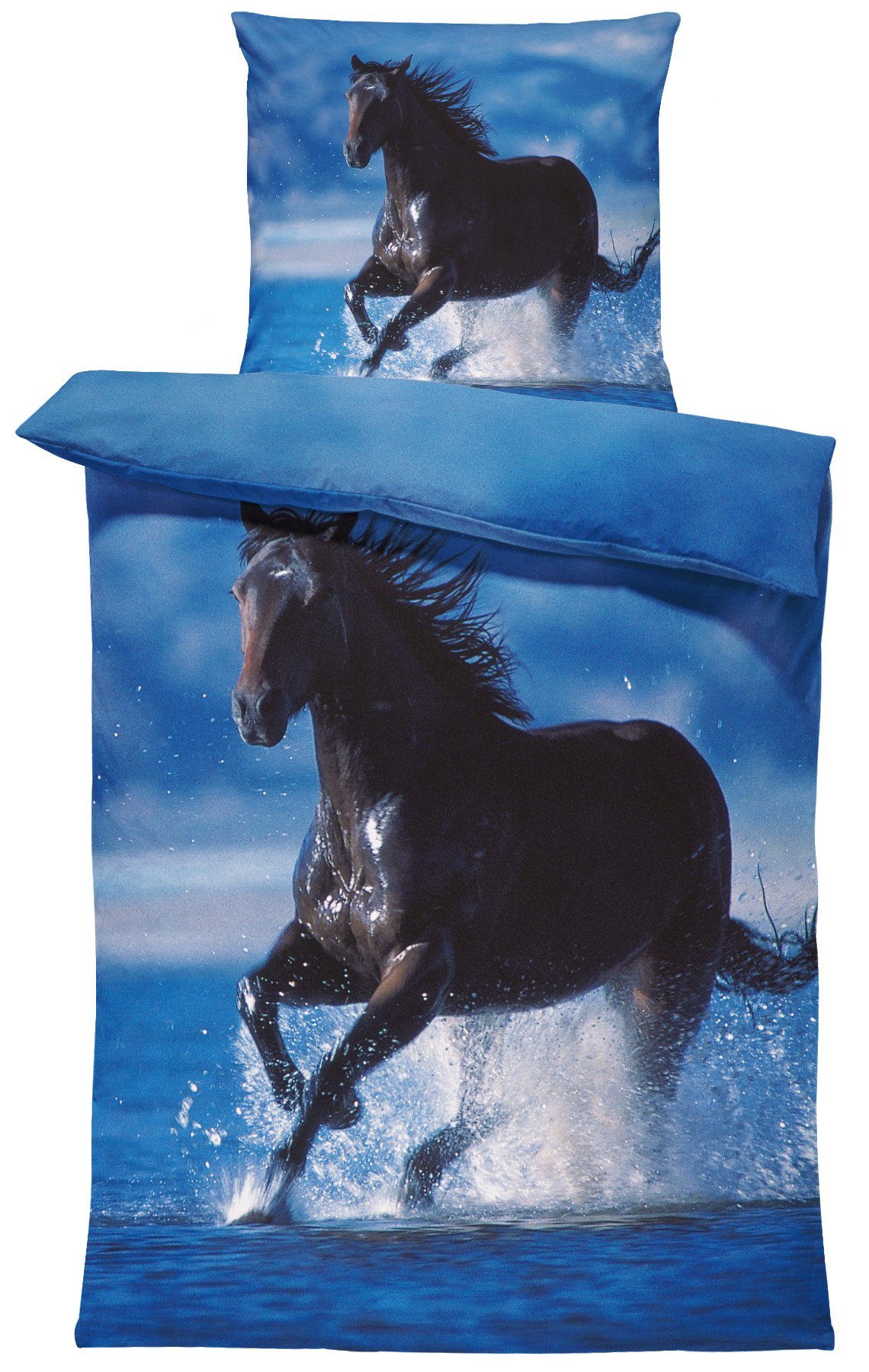 Bettwäsche Pferd im Wasser, One Home, Mikrofaser, 2 teilig, mit schwarzem  Pferd