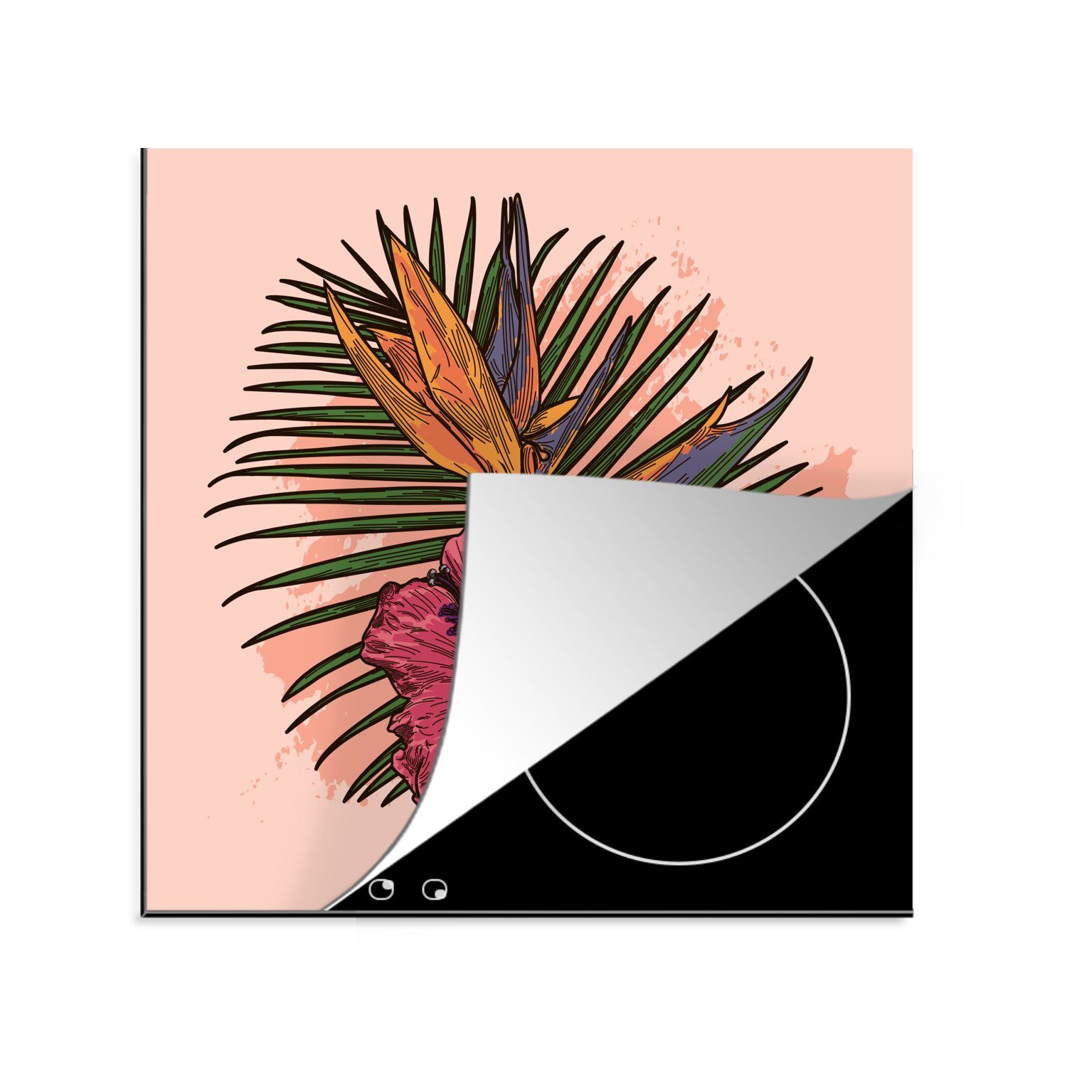 MuchoWow Herdblende-/Abdeckplatte Blumen - Tropisch - Rosa, Vinyl, (1 tlg), 78x78 cm, Ceranfeldabdeckung, Arbeitsplatte für küche | Herdabdeckplatten