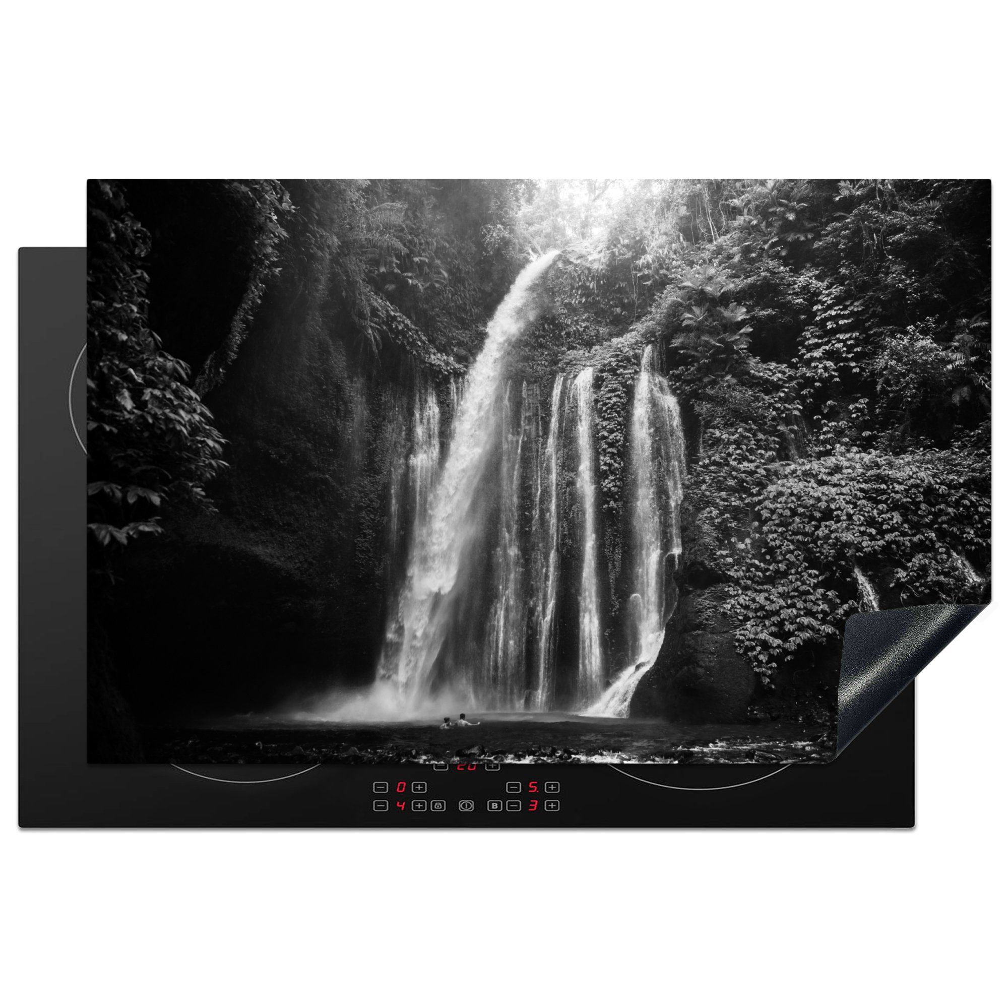 MuchoWow Herdblende-/Abdeckplatte Indonesien - Wasserfall - Schwarz - Weiß, Vinyl, (1 tlg), 81x52 cm, Induktionskochfeld Schutz für die küche, Ceranfeldabdeckung