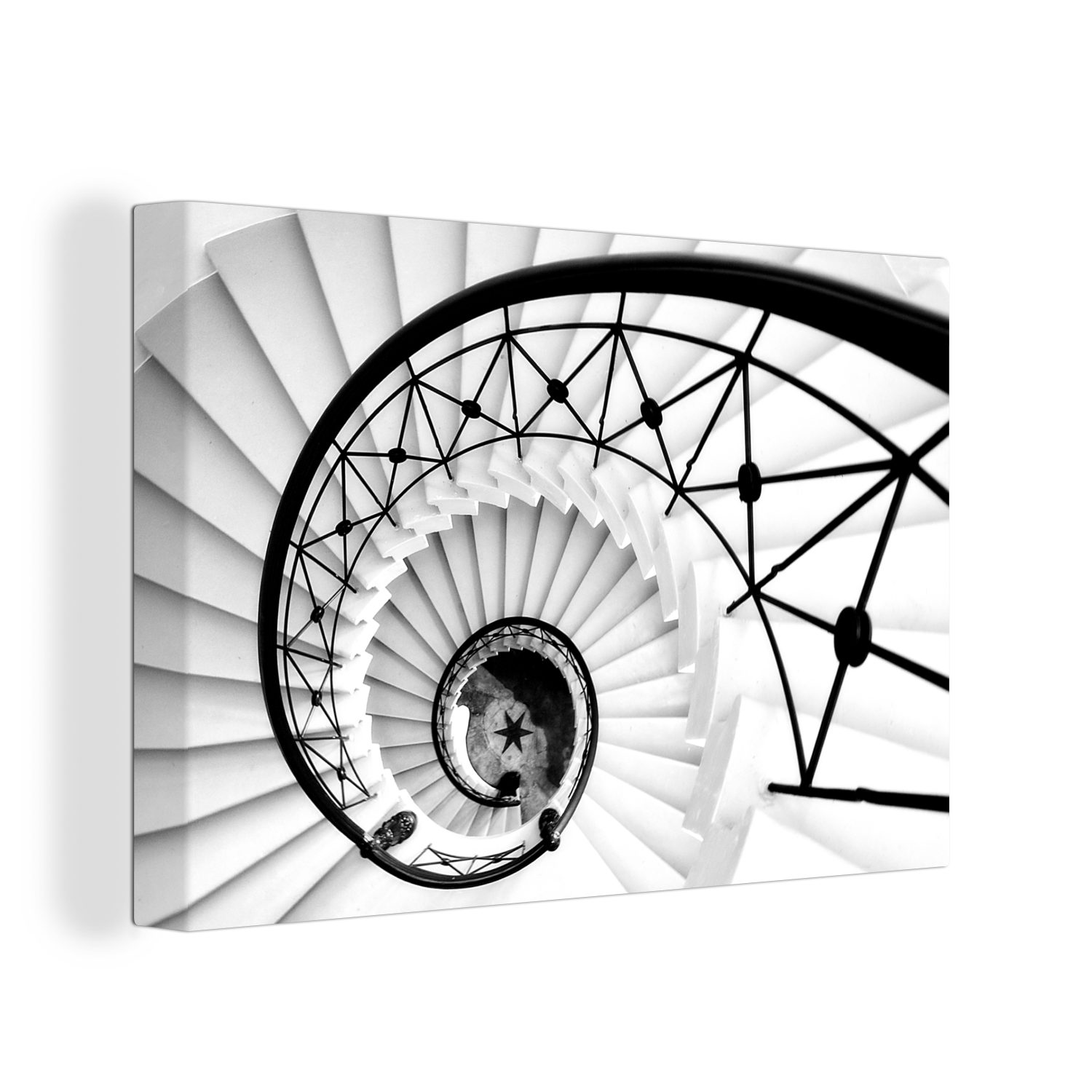 OneMillionCanvasses® Leinwandbild Eine Wendeltreppe mit einem Stern im Treppenhaus - schwarz und weiß, (1 St), Wandbild Leinwandbilder, Aufhängefertig, Wanddeko, 30x20 cm