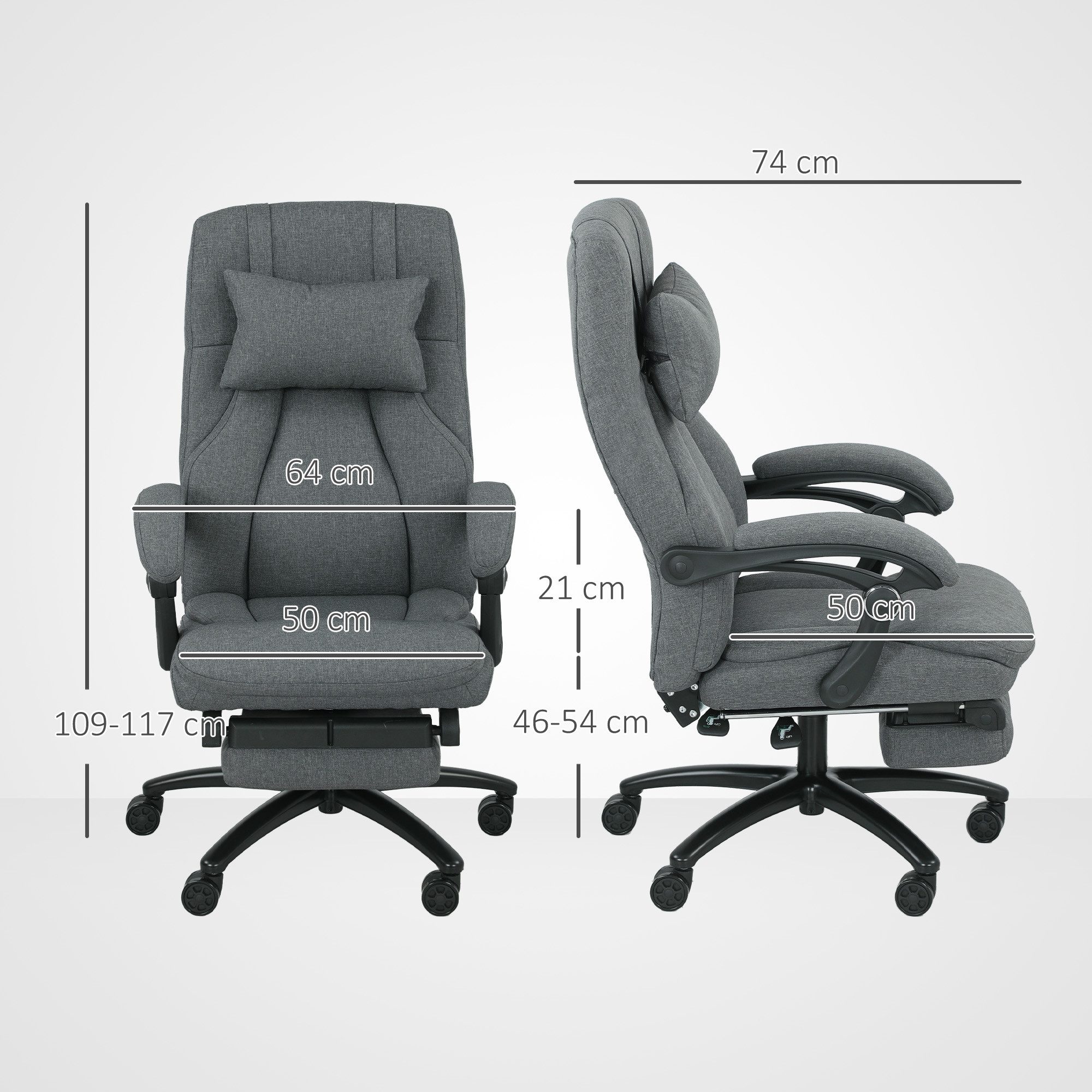 Vinsetto Schreibtischstuhl Bürostuhl, Massagefunktion, Fußstütze, USB-Schnittstelle (Höhenverstellbar Drehbar Chefsessel, 1 St), mit Leinenoptik, Dunkelgrau – Bild 3 von 5