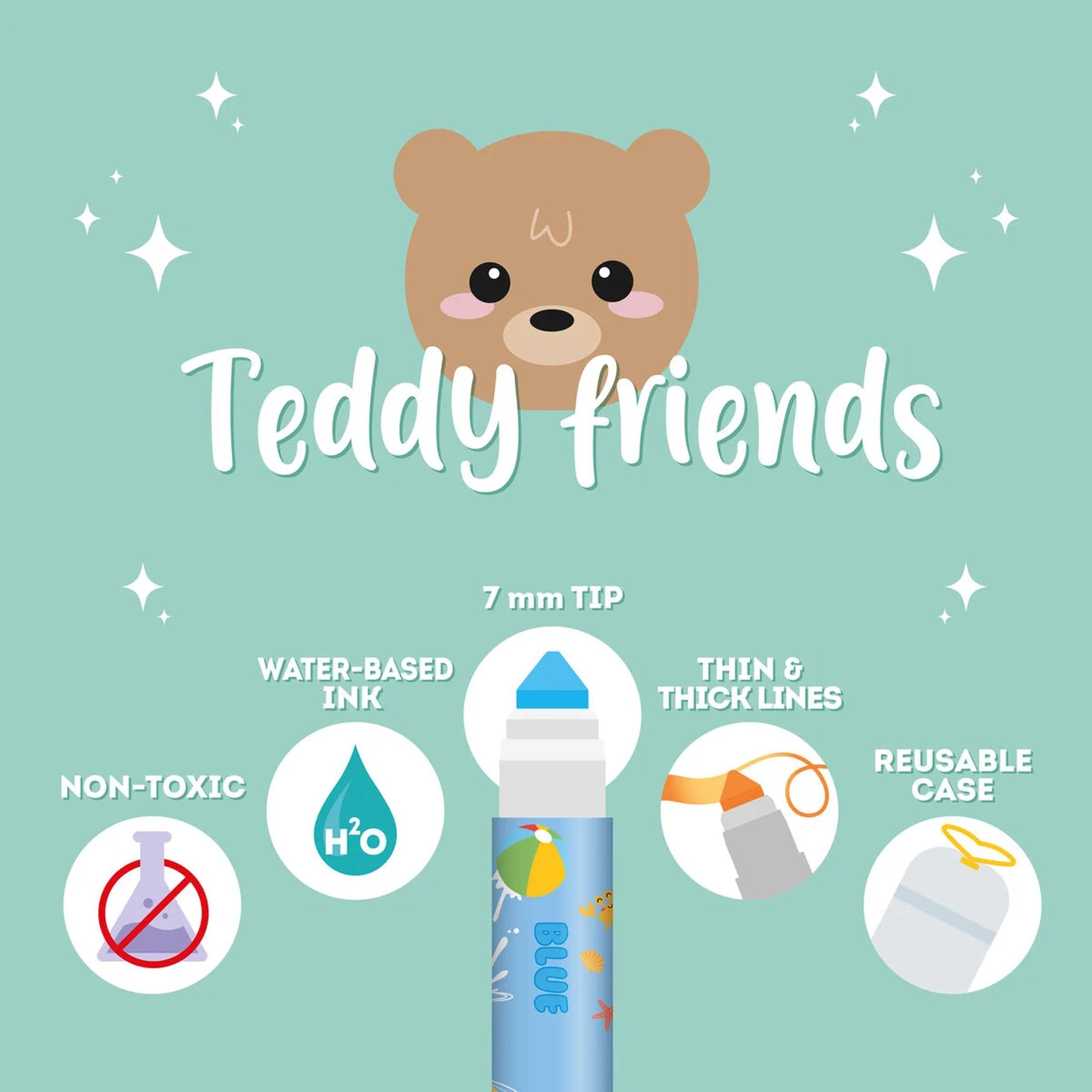 Legami Filzstift 12er Set Filzstifte Teddy Friends Abwaschbar Bunt, Tinte auf Wasserbasis, abwaschbar, ungiftig