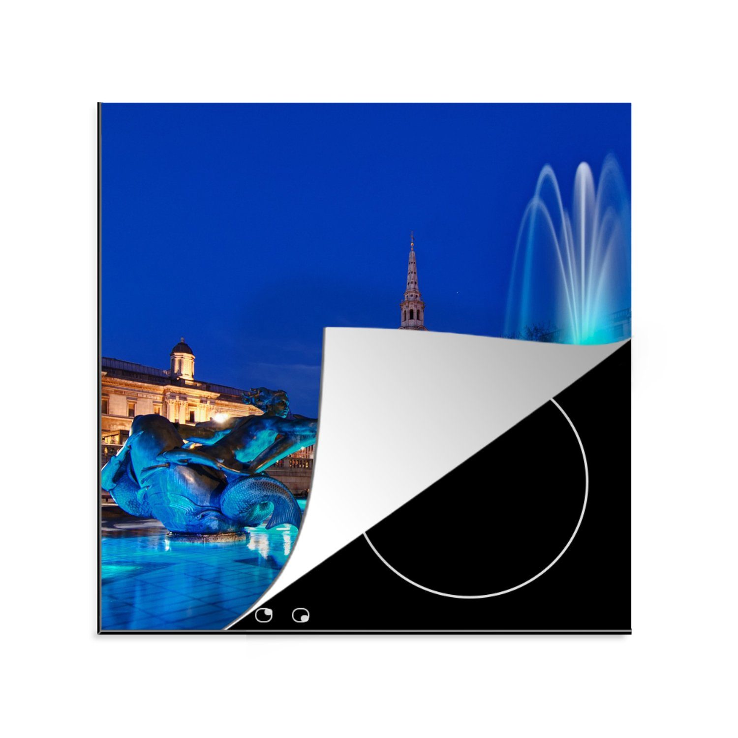 MuchoWow Herdblende-/Abdeckplatte Blauer Springbrunnen am Trafalgar Square, Vinyl, (1 tlg), 78x78 cm, Ceranfeldabdeckung, Arbeitsplatte für küche