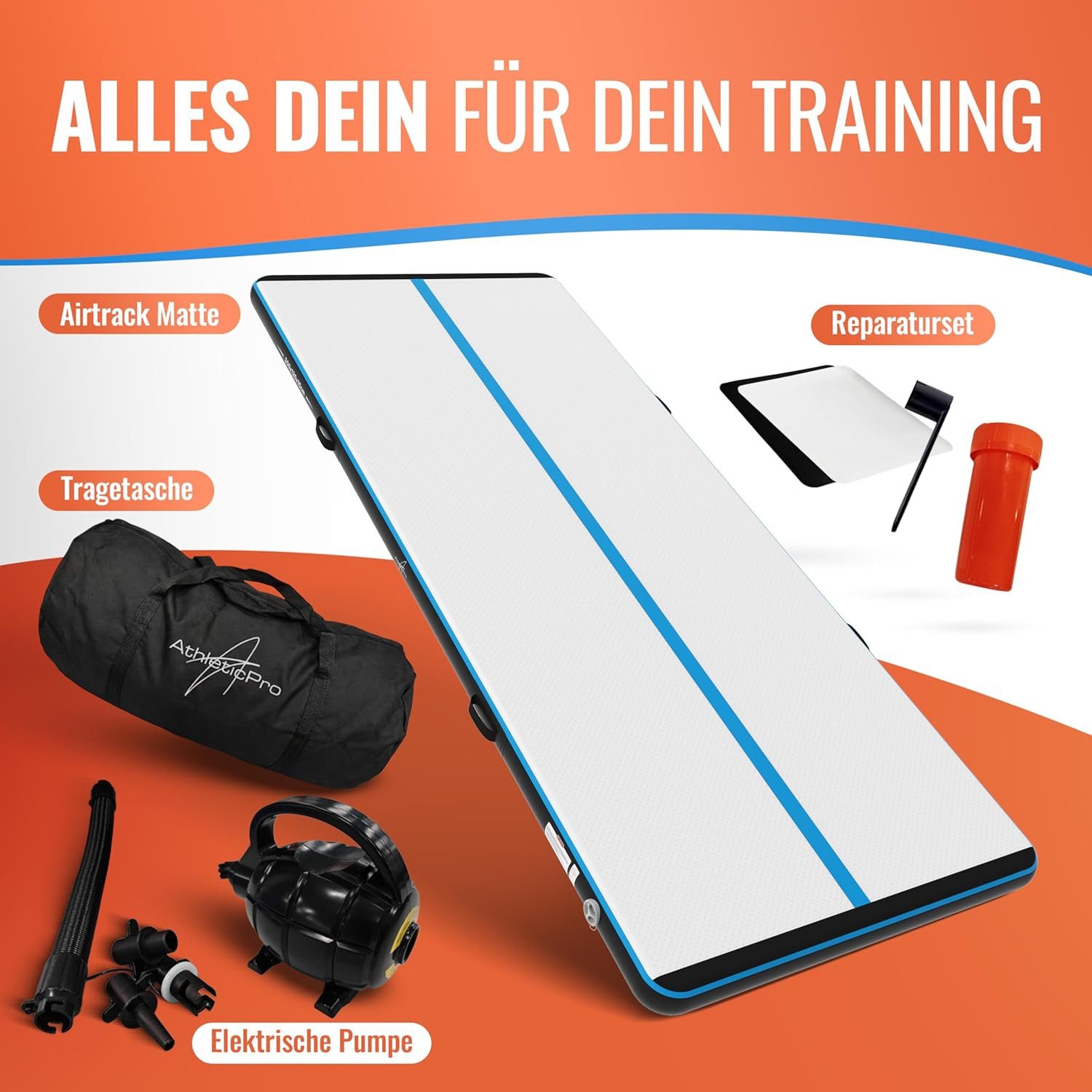 AthleticPro Turnmatte Airtrack Matte - 120cm breit, 3-5m Turnmatte aufblasbar, Tragetasche (10 cm), inkl. elektrischer Pumpe, Reparaturset, wasserdicht