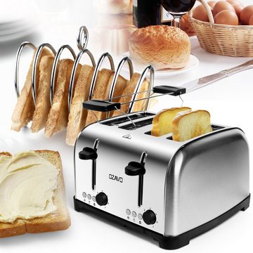 OZAVO Toaster OZ331 mit 7 Bräunungsstufen, Zentrierfunktion, 4 kurze Schlitze, 1700 W, Brötchenaufsatz Abnehmbarer Krümelschublade Edelstahlgehäuse