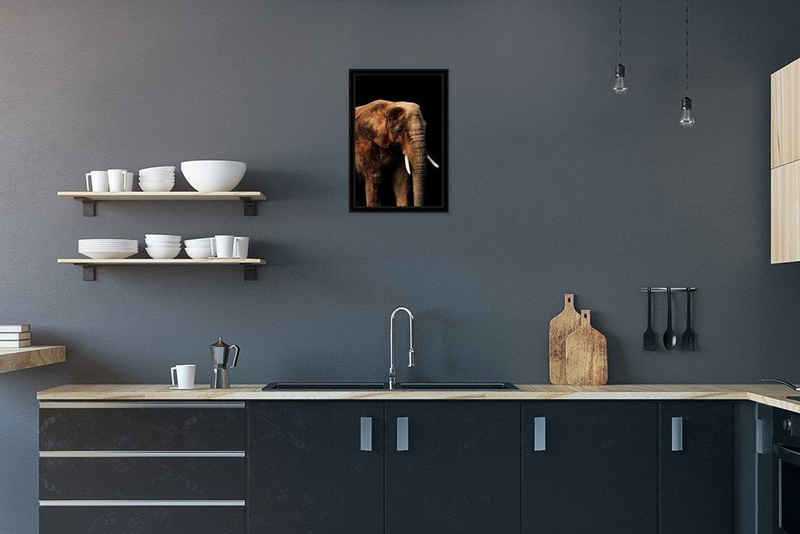 MuchoWow Poster Elefant - Schwarz - Terrakotta, (1 St), Gerahmtes Poster, Wanddeko, Bilder, Wandposter, Schwarzem Bilderrahmen