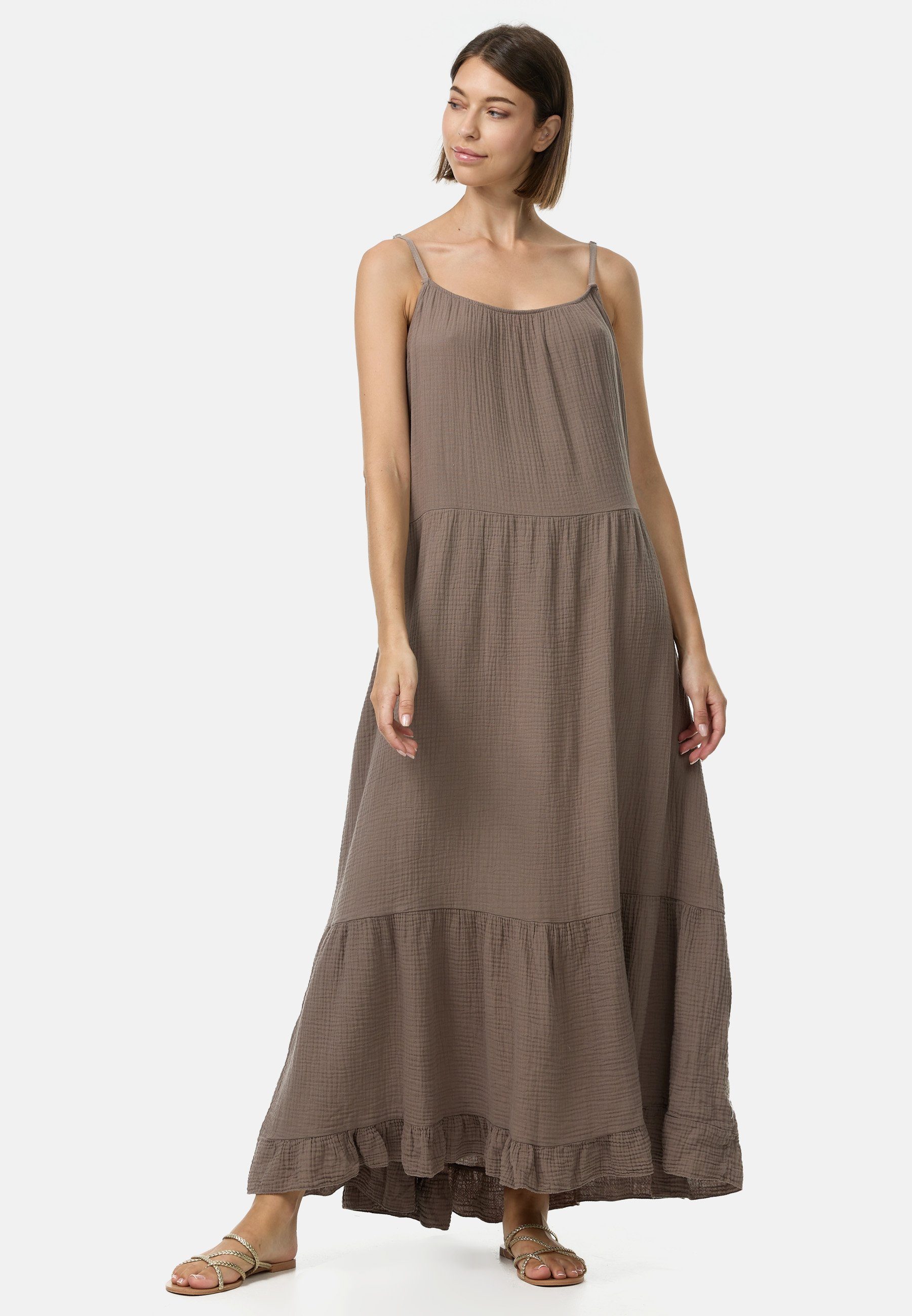 SELECTED Spaghettiträgern) Taupe Musselin PM48 mit Atmungsaktiv, (Romantisches Maxikleid Rüschen, Hautfreundlich Maxikleid aus PM mit