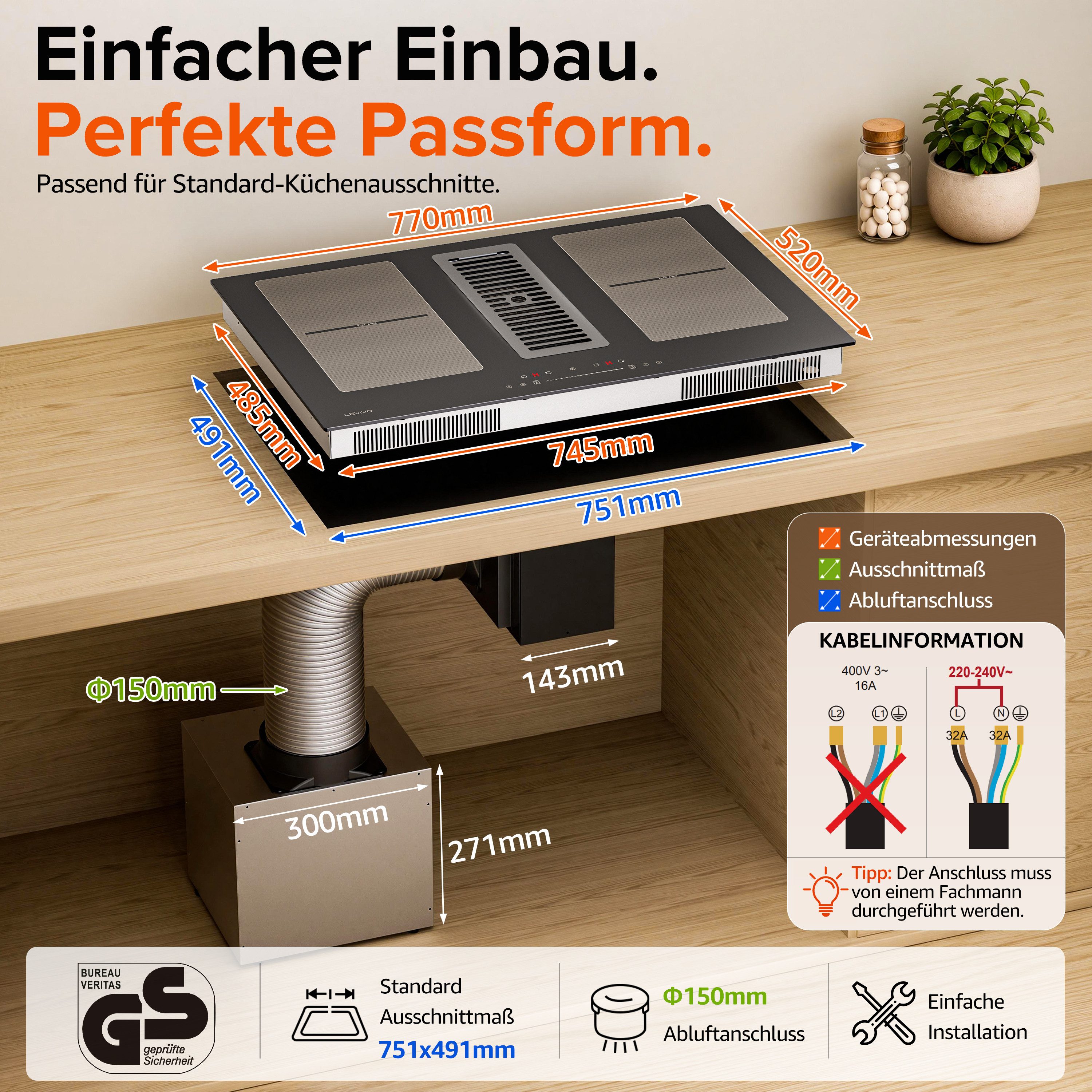 Levivo Induktions-Kochfeld Induktionskochfeld 77 cm mit 482 m³/h Dunstabzug, 9 Stufen & Booster, Touch-Control, Timer, Bridge Funktion, 7280 W – Bild 5 von 5