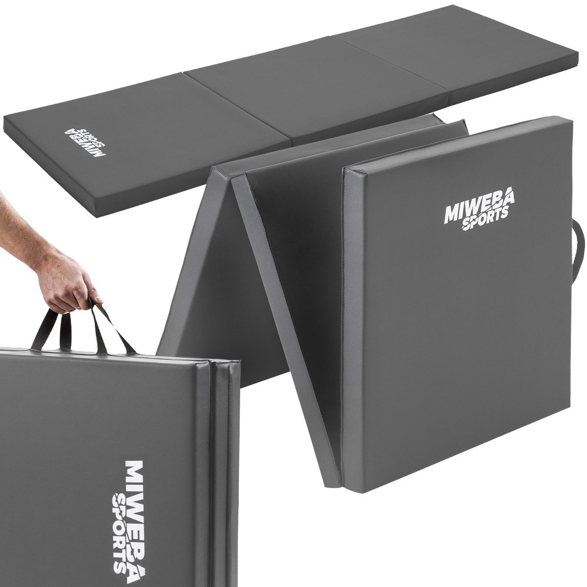 Miweba Sports Gymnastikmatte Fitnessmatte GM100 mit Tragegriffe - faltbar (wasser- und schweißabweisend, Turnmatte für zuhause, Spielmatte für Kinder, Pilates Matte, Workout, 1-St., 180x60x5cm, Kunstleder-PVC, schwarz / grau, rutschfest), Sport Training Weichbodenmatte Yogamatte - 2 Farben - quadratisch