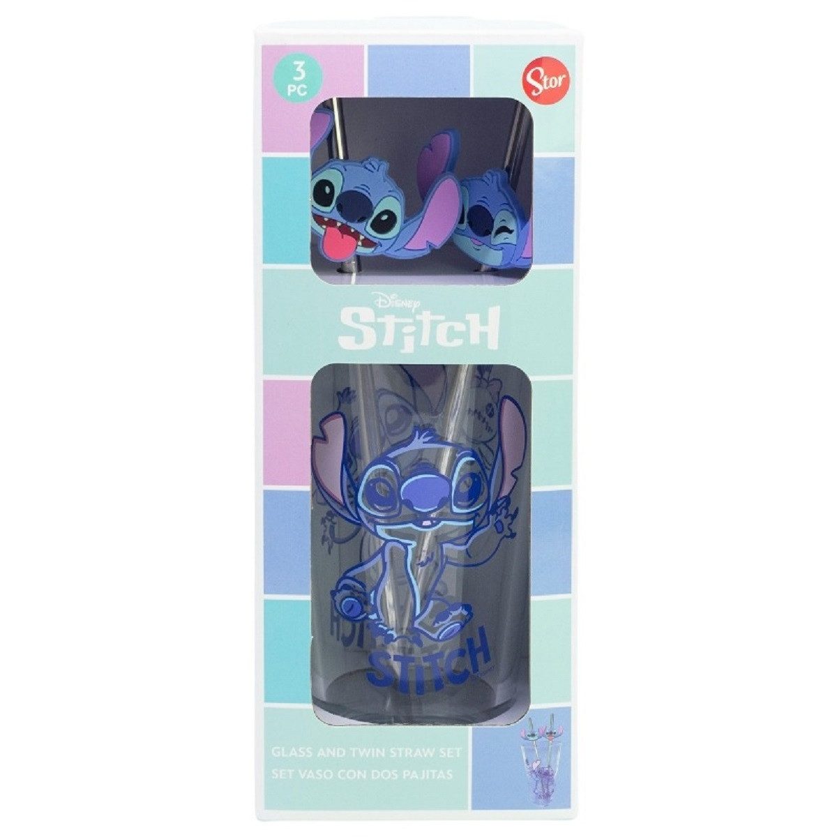 Lilo & Stitch Glas 480 ml mit 2 Edelstahl Trinkhalmen, 3-tlg., Glas