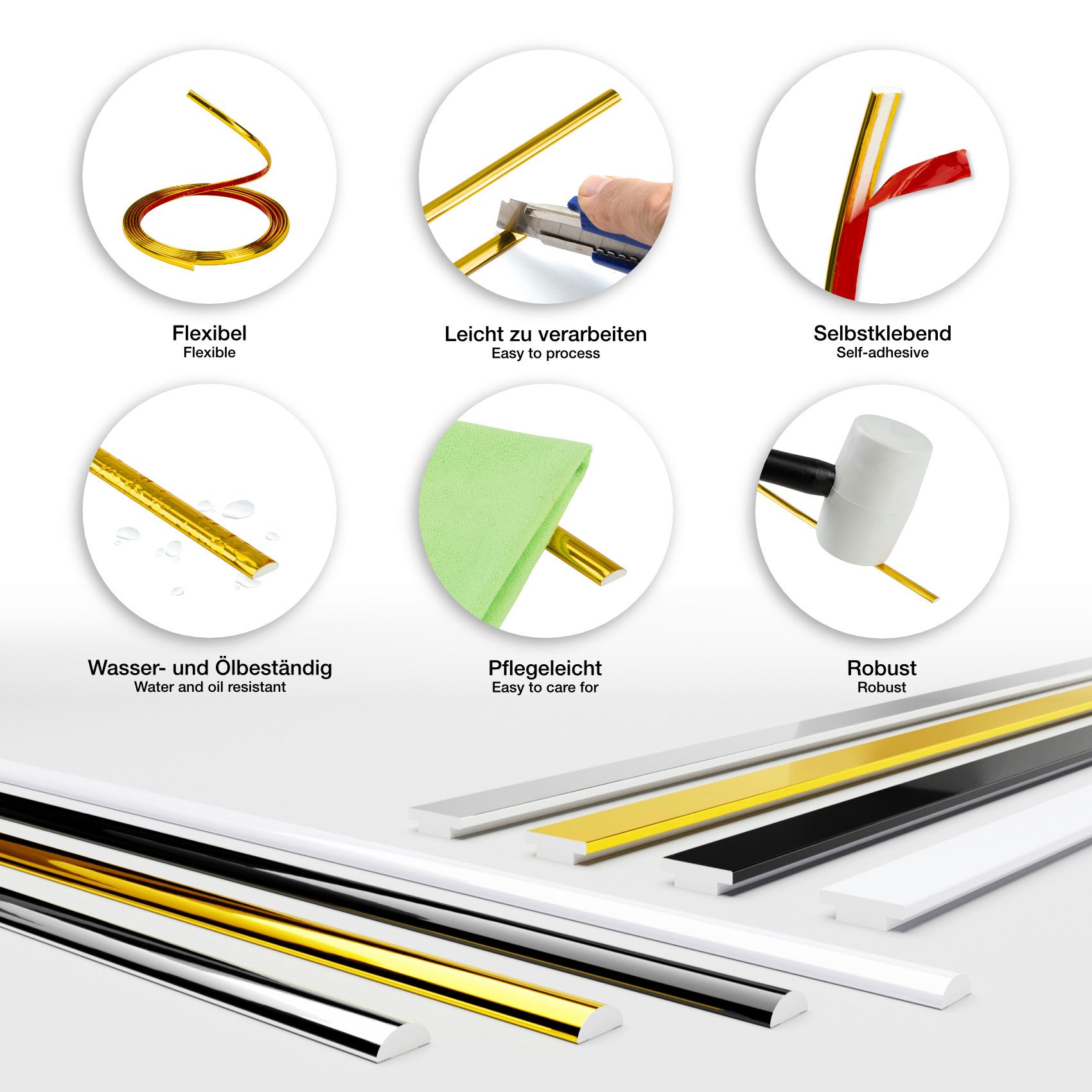 Hexim Zierleiste D1-G, 3M Randleiste - Modell D1, Selbstklebende Zierleisten flexibel universelle Profile Wandleiste Gold Chrom Weiß Schwarz 300cm Spiegelrand Möbel Deckenleiste (1 Leiste D1-G gold)