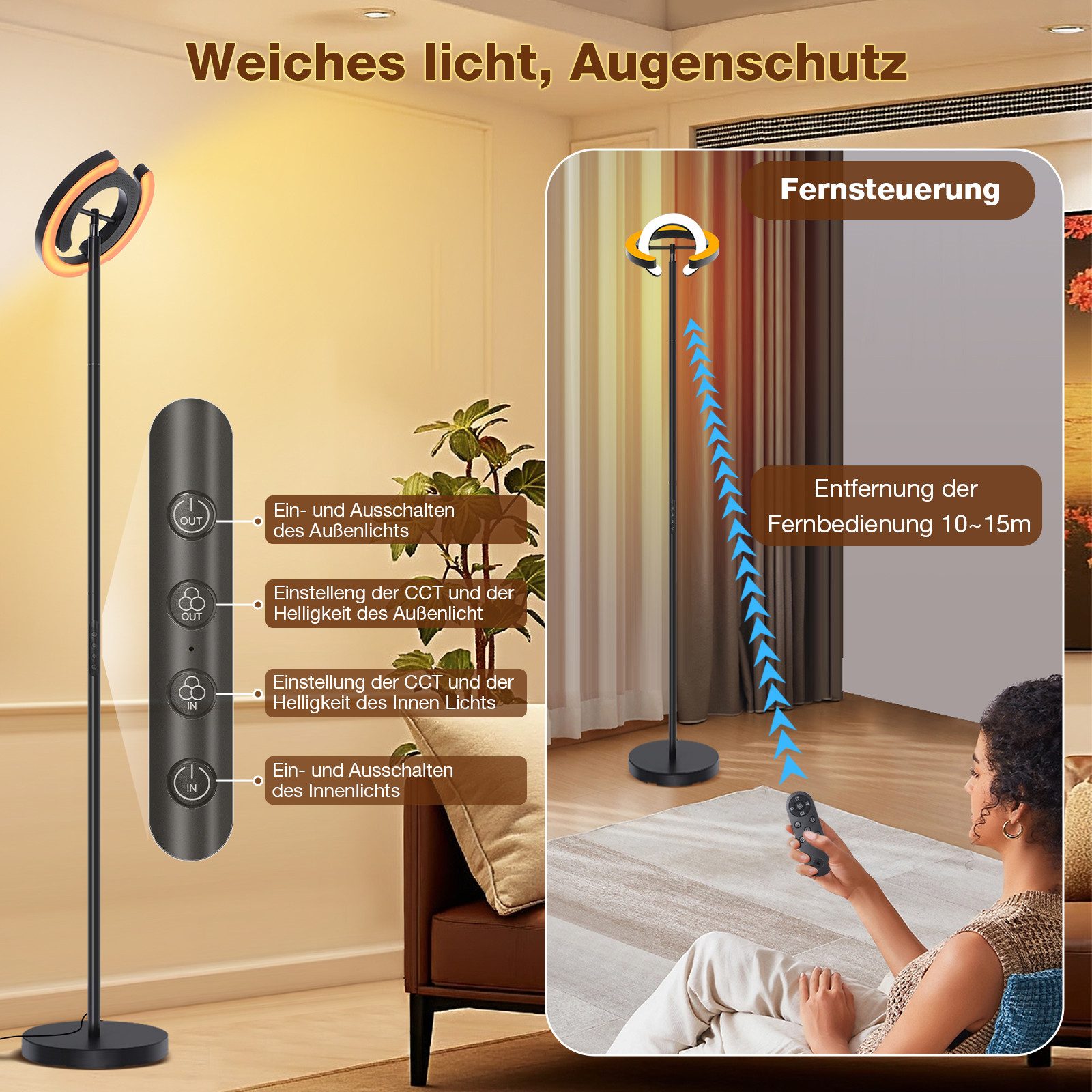 Rosnek Stehlampe Wohnzimmer stehlampe dimmbar, 7 Farbtemperaturen, 5 Helligkeitsstufen, 190CM, Magnetisch Fernbedienung und Touch-Contro für Wohnzimmer – Bild 4 von 5