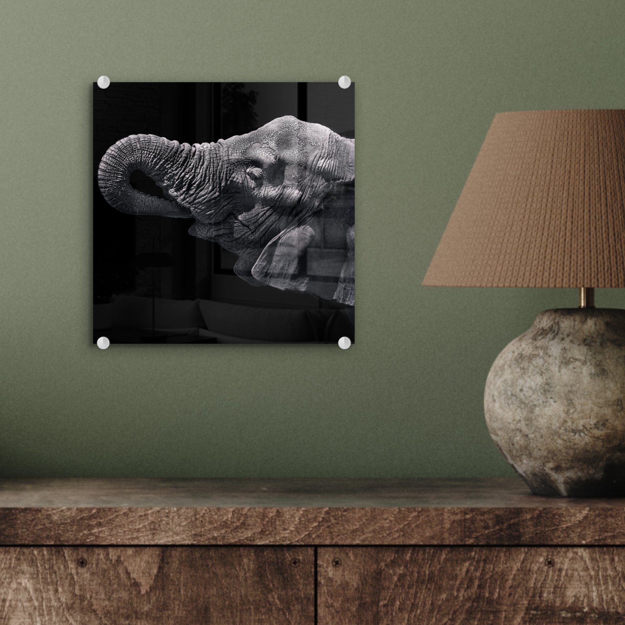 MuchoWow Acrylglasbild - Wandbild - Wanddekoration - (1 - Natur, Elefant - auf Schwarz Tiere auf Glas St), Bilder Glasbilder Glas Foto 