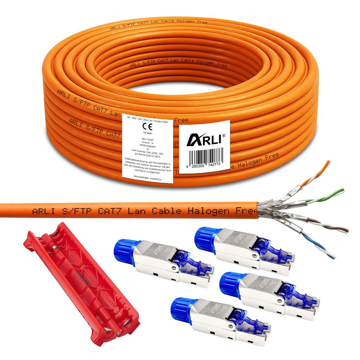 ARLI Installationskabel, RJ45, RJ-45 (Ethernet) (5000 cm), ARLI Verlegekabel Cat7 50m Label + 4x RJ45 Netzwerkstecker