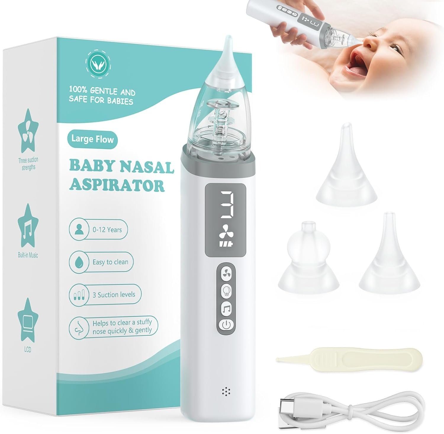 BlingBin Nasensauger Nasensauger Baby Elektrisch für Neugeborene LED-Bildschirm, 1 Set 1-tlg., mit 3 Saugstärken und 3 Größen Tip