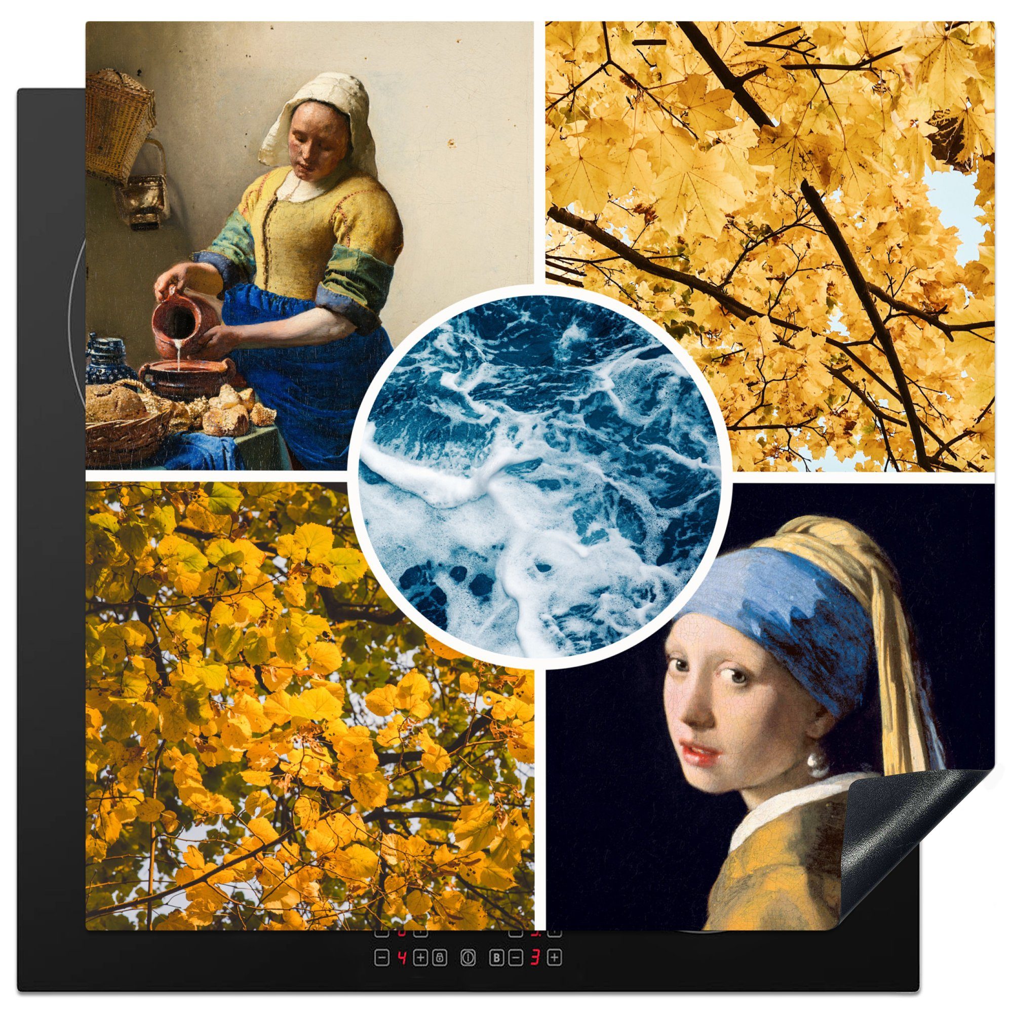 MuchoWow Herdblende-/Abdeckplatte Vermeer - Collage - Kunst, Vinyl, (1 tlg), 78x78 cm, Ceranfeldabdeckung, Arbeitsplatte für küche