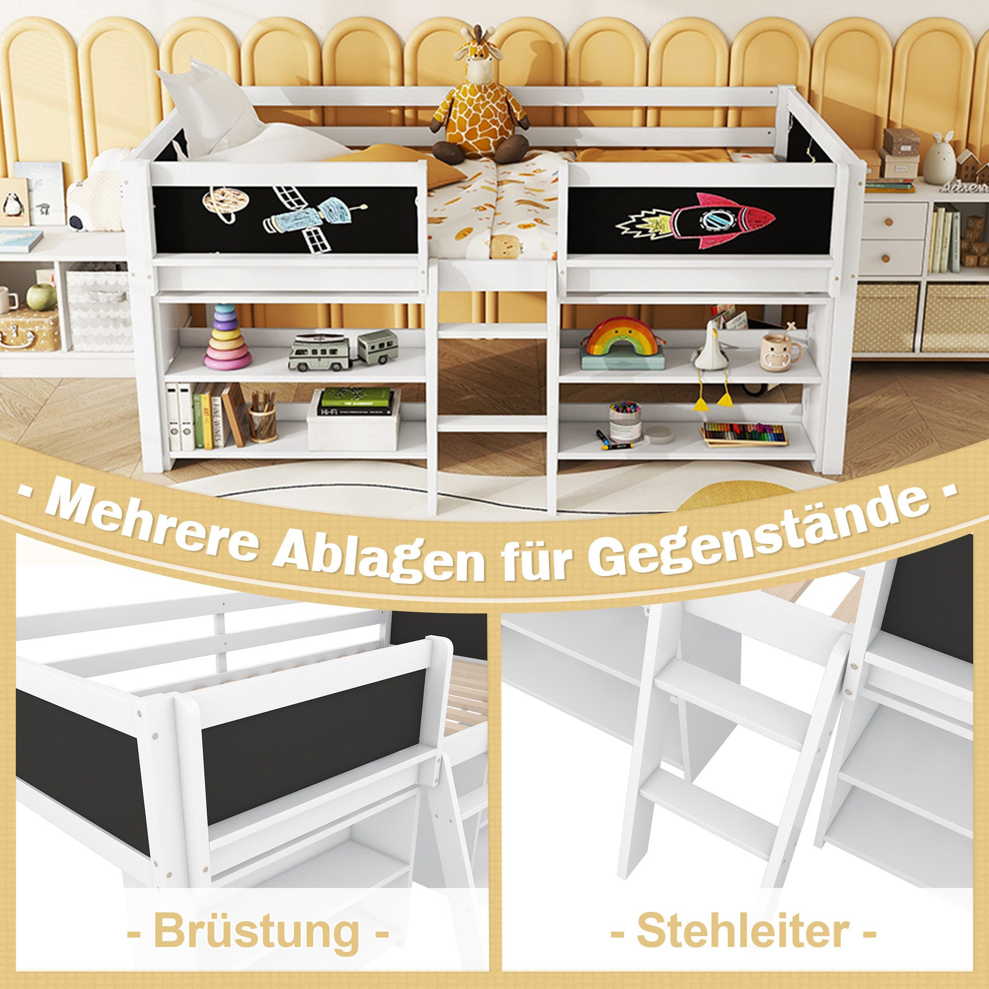 Flieks Hochbett Halbhohes Bett Kinderbett 90x200cm mit Tafel, Ablagefächer und Leiter