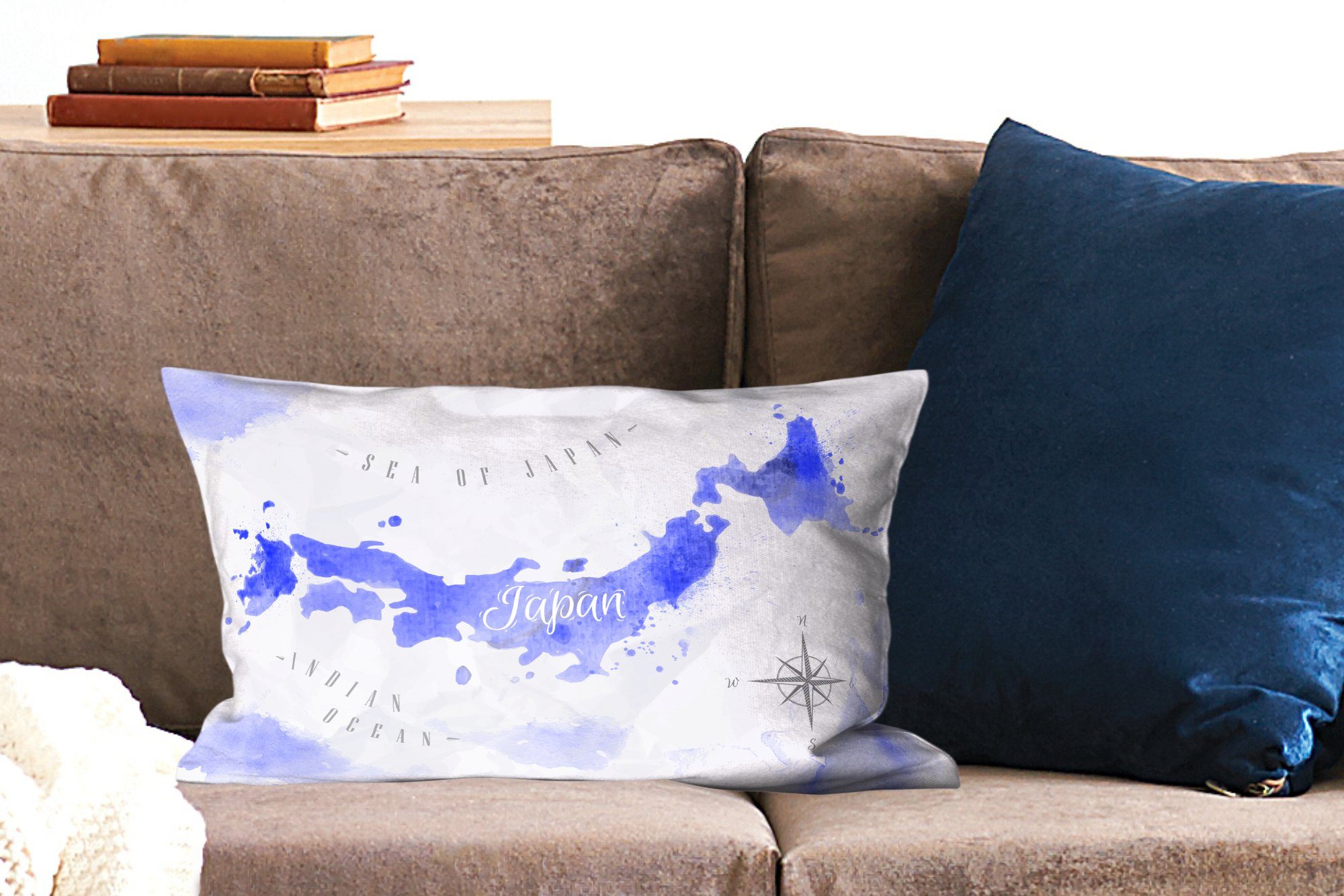 MuchoWow Dekokissen Aquarell - Weltkarte mit Füllung, Dekoration, Blau, Wohzimmer Schlafzimmer Dekokissen Zierkissen, 