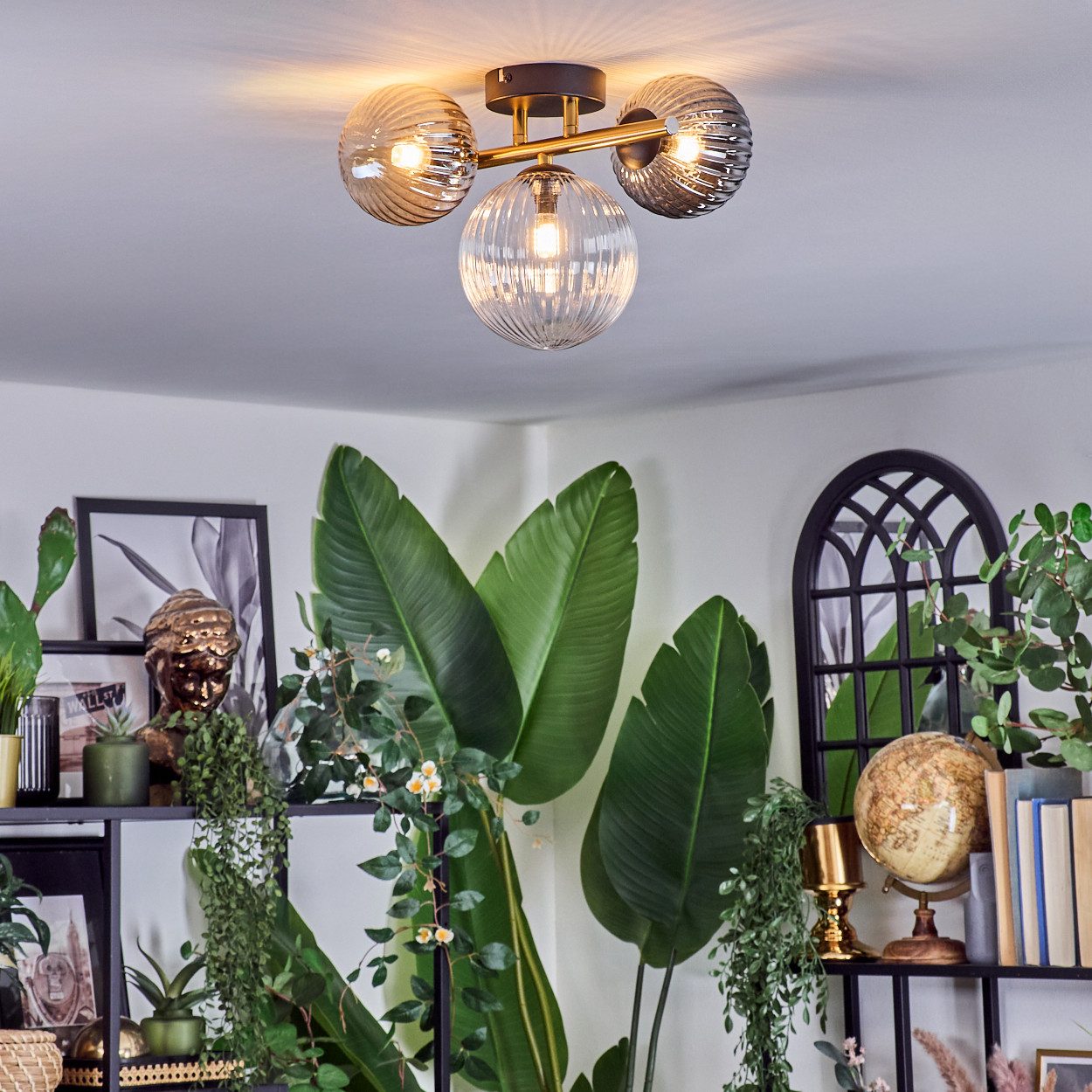 hofstein Deckenleuchte Deckenlampe aus Metall/Riffelglas in Schwarz/Gold/Rauch/Bernstein/Klar, ohne Leuchtmittel, Deckenleuchte im modernen Vintage-Design (Schirme Ø 12; 15 cm), 3 x G9