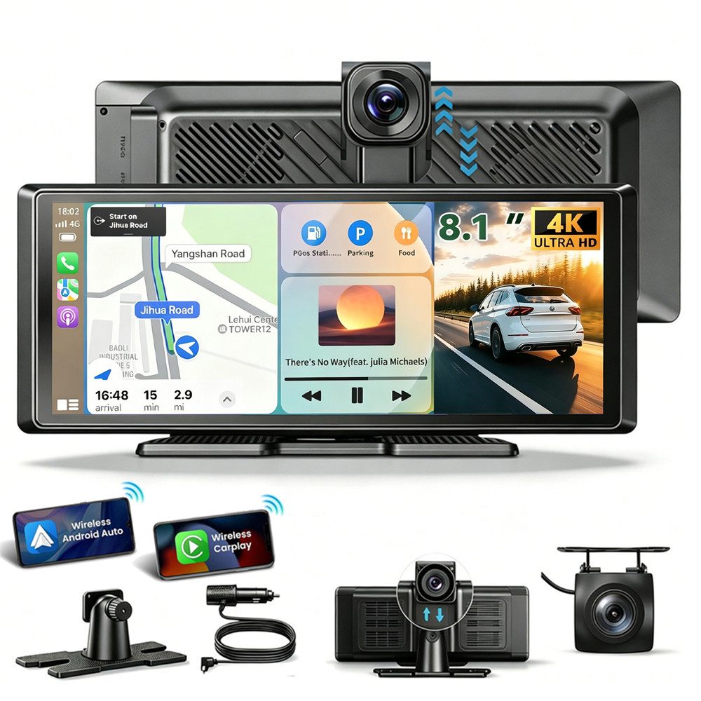 ESSGOO 4K 8,1“ Android Auto 360° Dashcam mit Rückfahrkamera Spiegel Dashcam (HD, Tragbar Autoradio Rückfahrkamera IPS Touchscreen GPS Navi FM AUX)