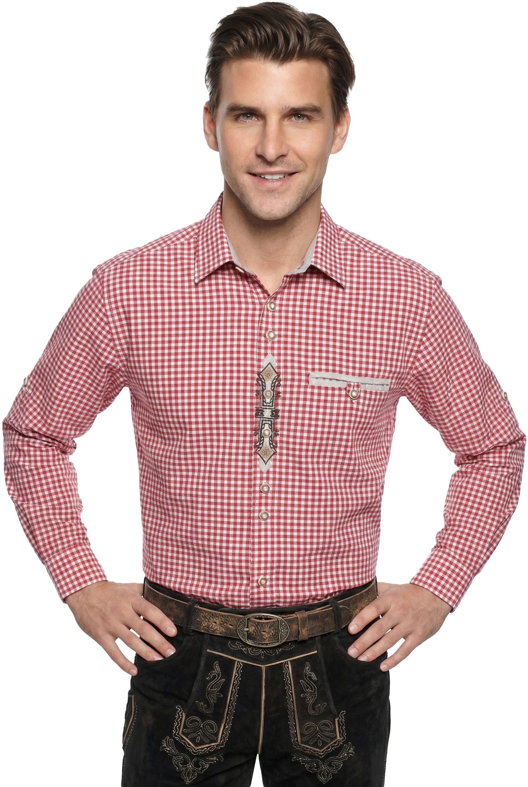Moschen-Bayern Trachtenhemd Trachtenhemd Herrenhemd kariert Stickerei Wiesn-Hemd Rot Karo