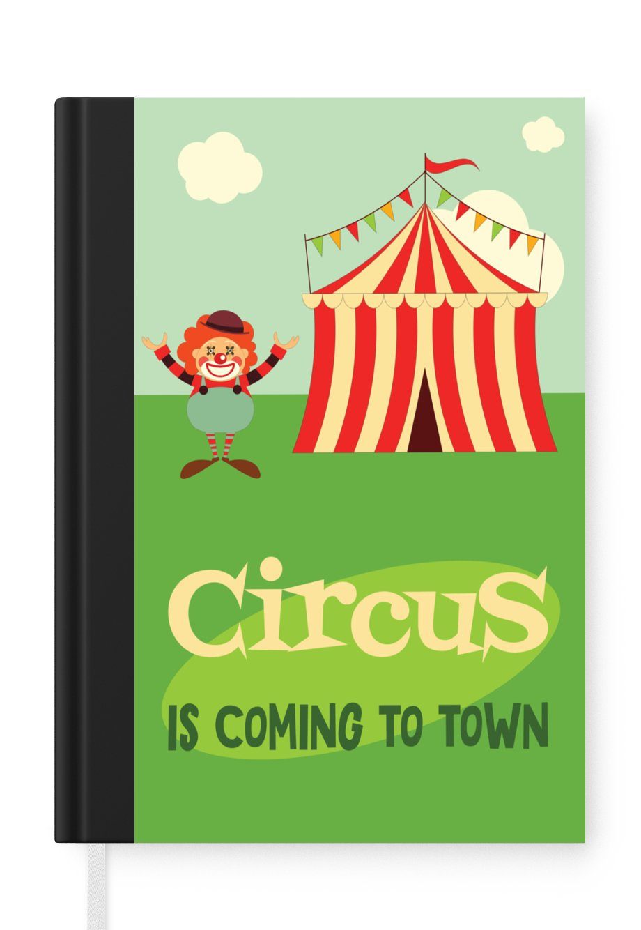 MuchoWow Notizbuch "Der Zirkus kommt in die Stadt" mit einem Clown und einem Zirkuszelt, Journal, Merkzettel, Tagebuch, Notizheft, A5, 98 Seiten, Haushaltsbuch