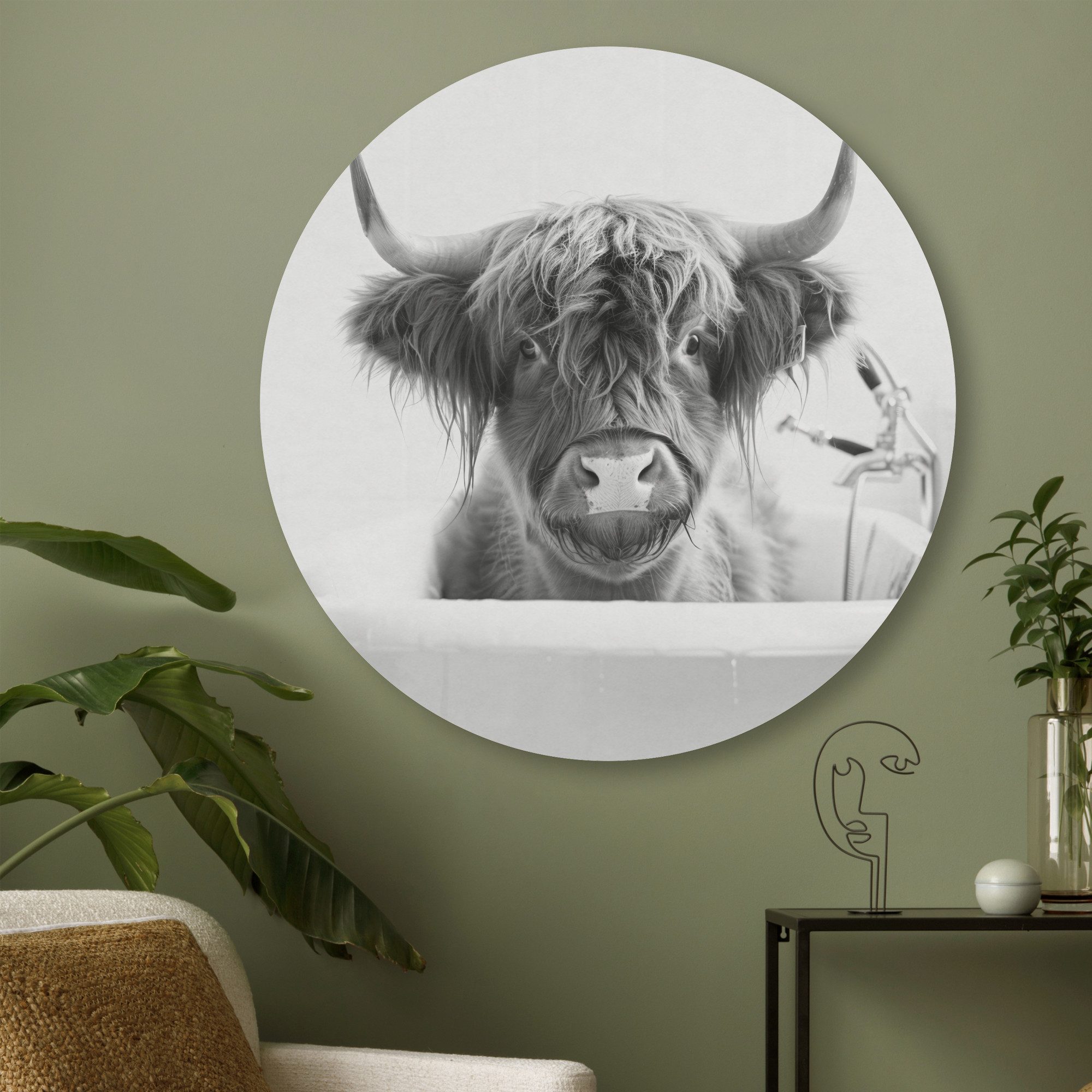 MuchoWow Gemälde Highlander - Kuh - Badewanne - Schwarz und weiß, Fotodruck (1 St), Wandkreis, Wandpaneele, Schalldämmung, Akustikbilder 50x50 cm