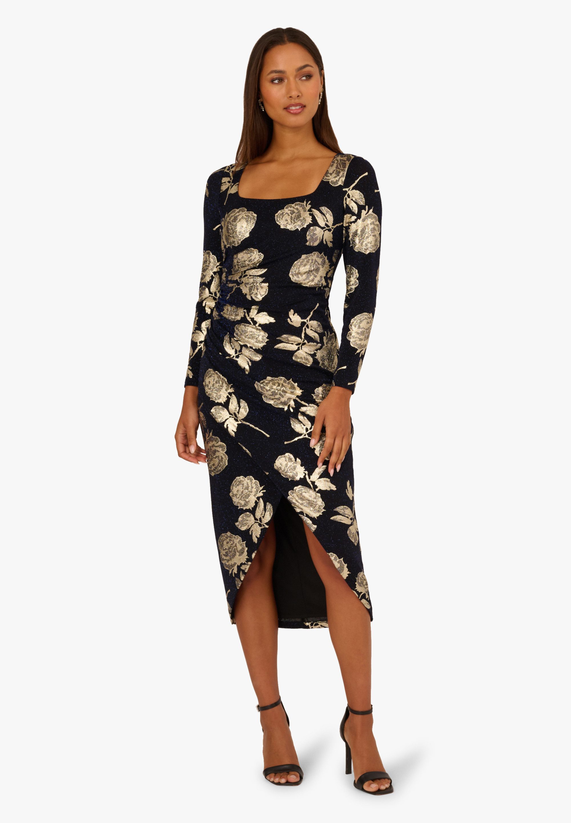 Adrianna Papell Abendkleid Floral Metallic Knit Midi Dress Metallic-bedrucktes Midi-Kleid mit Blumenmuster