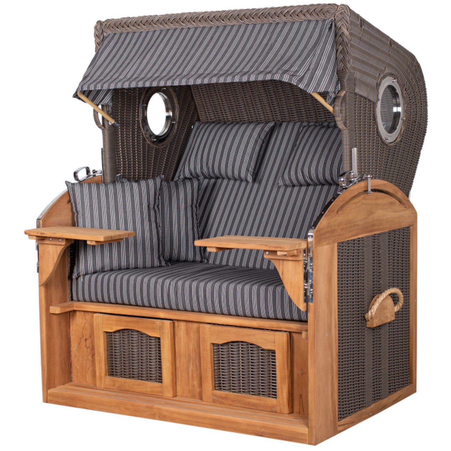 bene living Strandkorb Borkum XL Teak - PE grau - Modell 500, BxTxH: 142x95x170 cm, Volllieger ca. 180 Grad, Nordsee-Strandkorb Komplettset, inkl. Liftersystem und Bullaugen