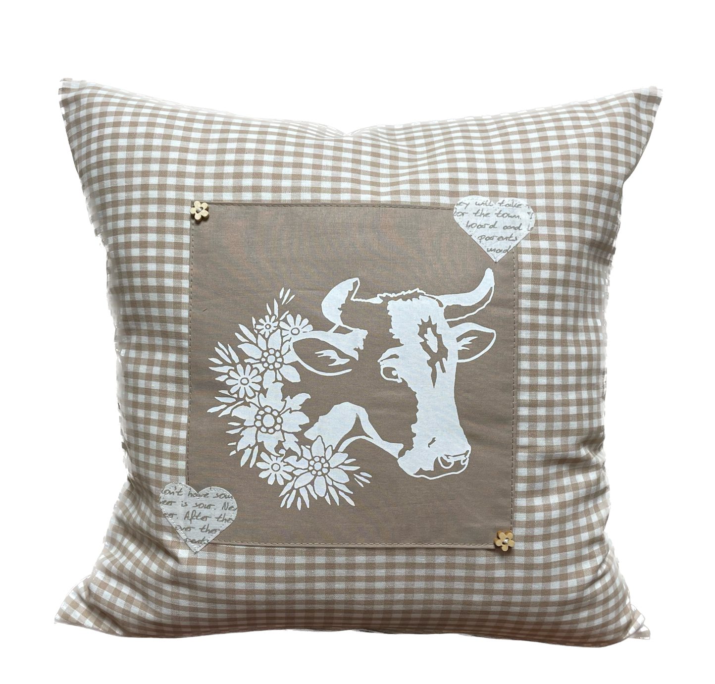 Ammerkind Dekokissen Landhausstil Kissenhülle *Kuh* beige/weiß kariert, 100% Handarbeit