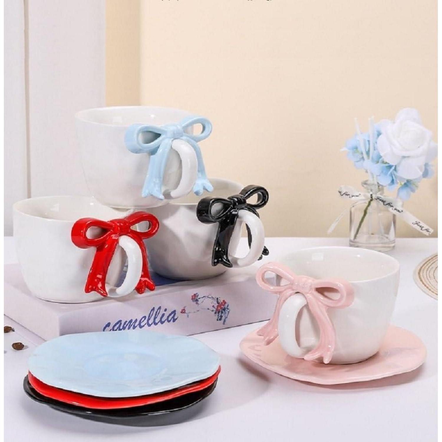 LuxusKollektion Tasse Kaffeetasse 3D Schleife Set 350ml Hellblau, Keramik