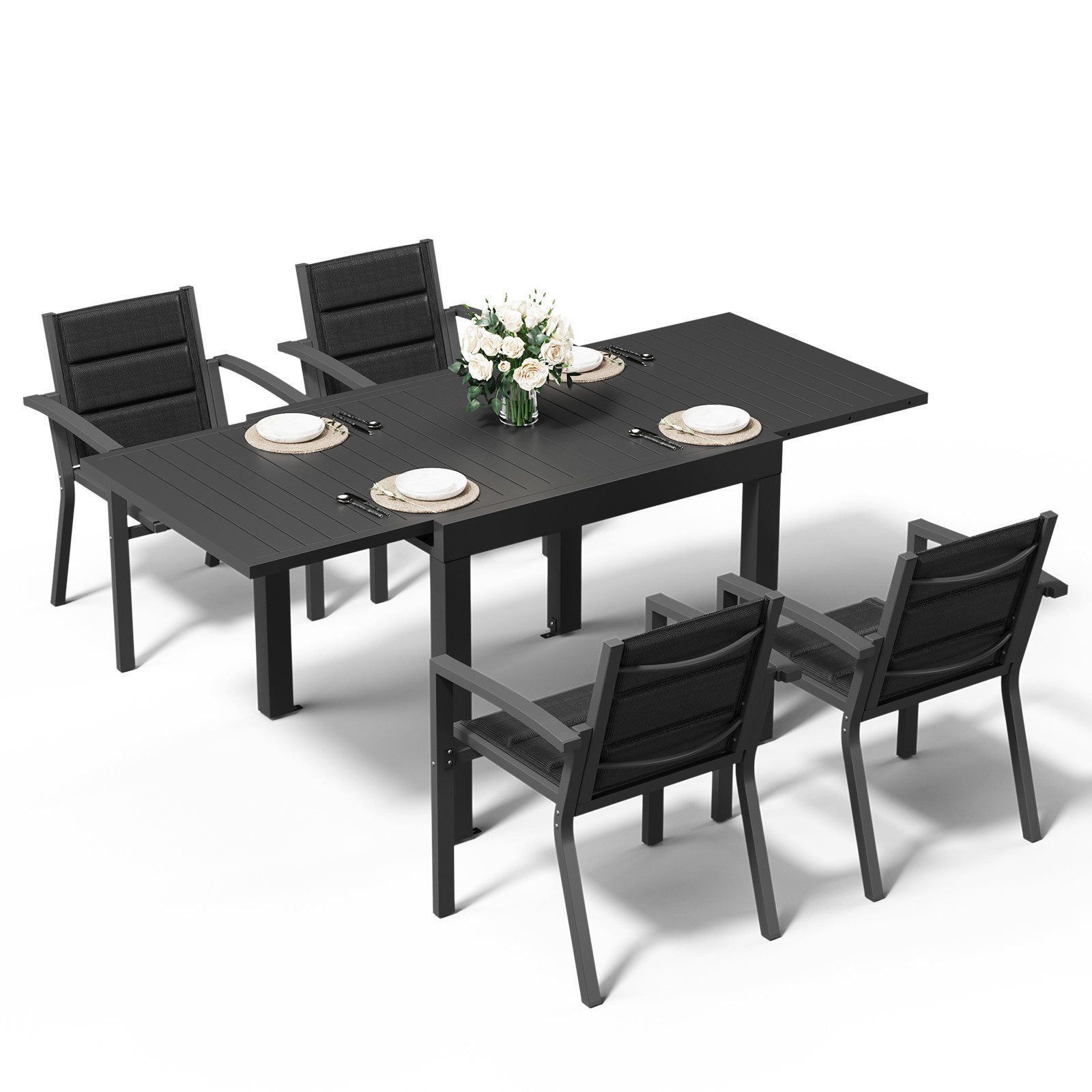 Furnicopia Garten-Essgruppe Gartenmöbel set gartenlounge set fur 4–8 Personen, (5-tlg), Ausziehbarer Gartentisch & Stühle, wetterfest & stabil