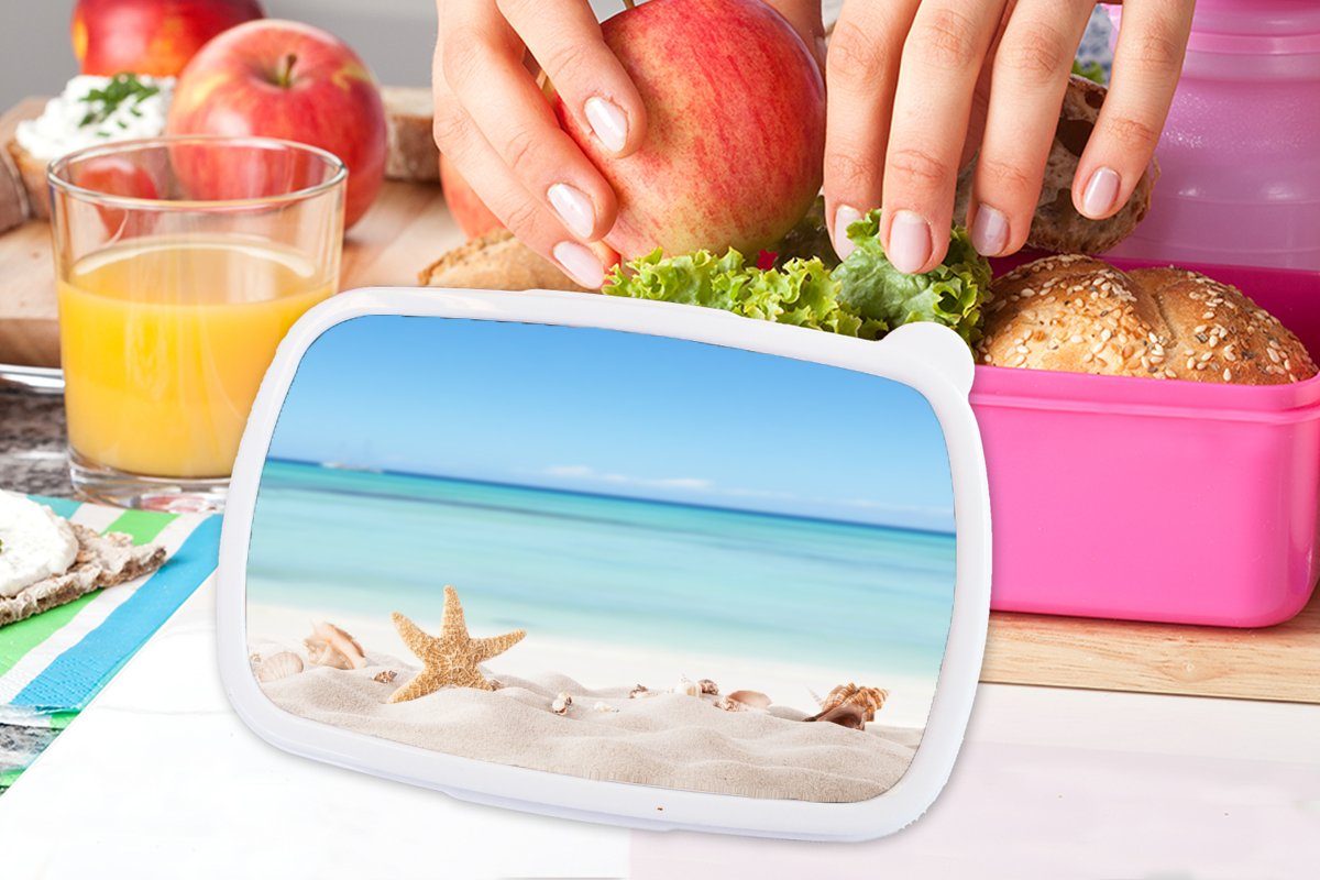 MuchoWow Lunchbox Kunststoff Mädchen, rosa - für Kunststoff, Muscheln Brotdose Kinder, Strand Erwachsene, Brotbox Seesterne, Snackbox, (2-tlg), Meer - 