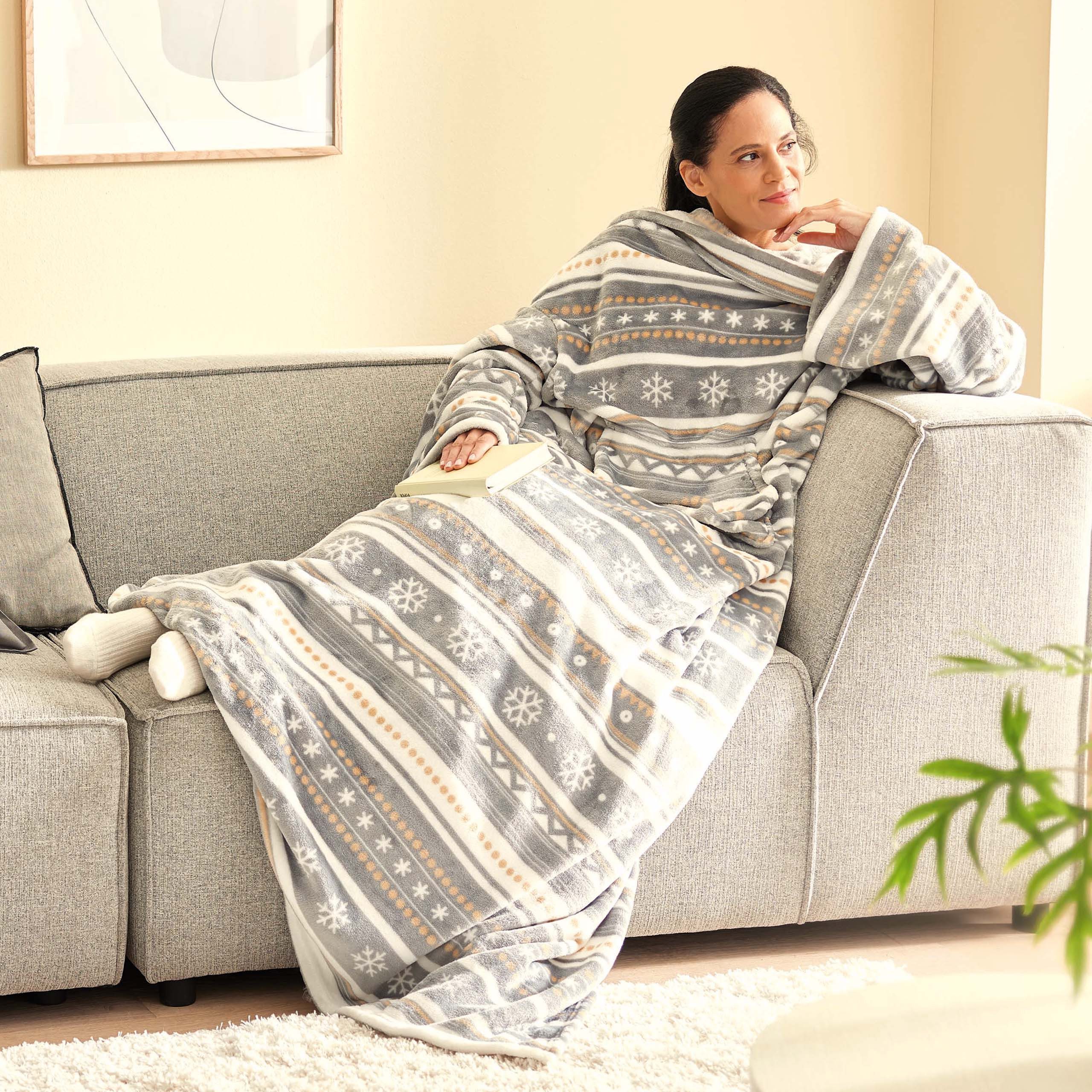 Wolldecke XXL Kuscheldecke mit Ärmeln, 145x195 cm, Wohndecke Unisex, kamelshopping, mit Kängurutasche, waschbar