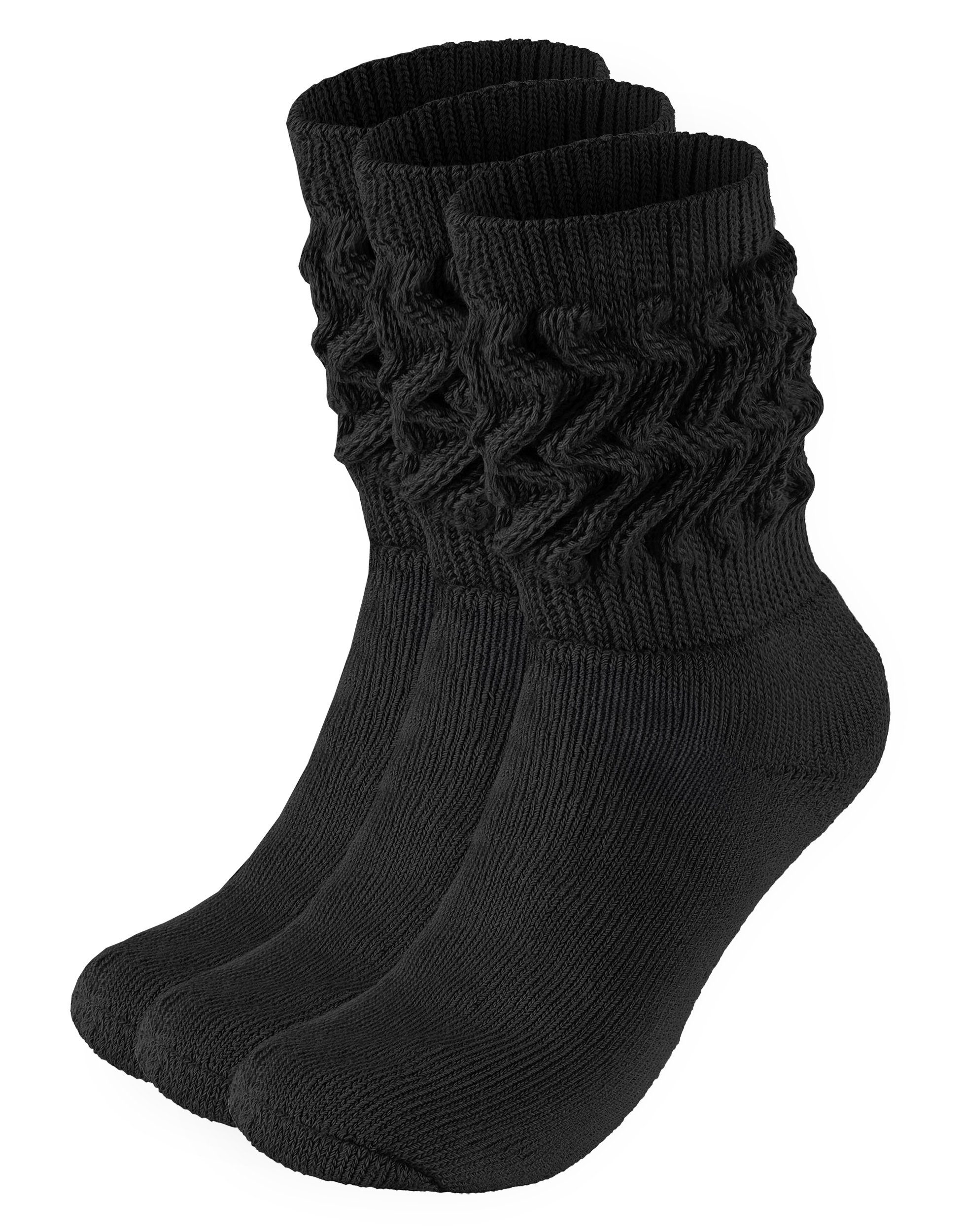 BRUBAKER Schoppersocken 3er Set Slouch Socken - Damen Baumwollsocken für Sport und Freizeit (3-Paar) Lässige Retro-Socken für Frauen - Scrunch Knit Damensocken 3x Schwarz