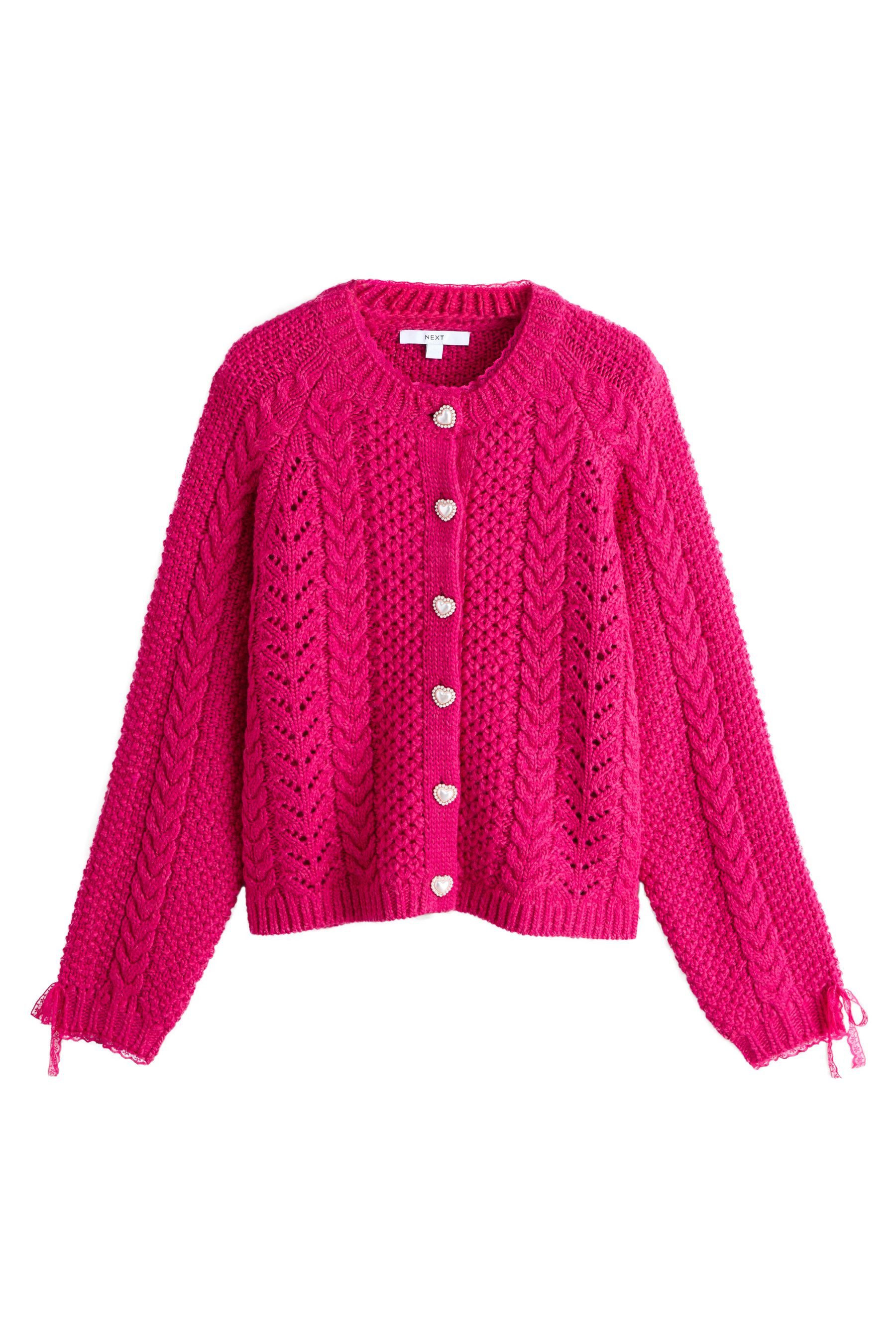 Cardigan Strickjacke mit Spitzenbesatz und Zopfmuster