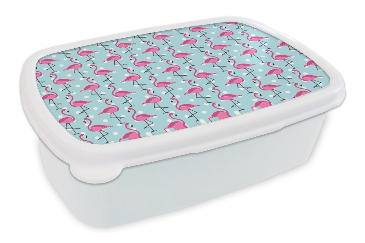 MuchoWow Lunchbox Flamingo - Polka dots - Tiere - Muster, Kunststoff, (2-tlg), Brotbox für Kinder und Erwachsene, Brotdose, für Jungs und Mädchen weiß