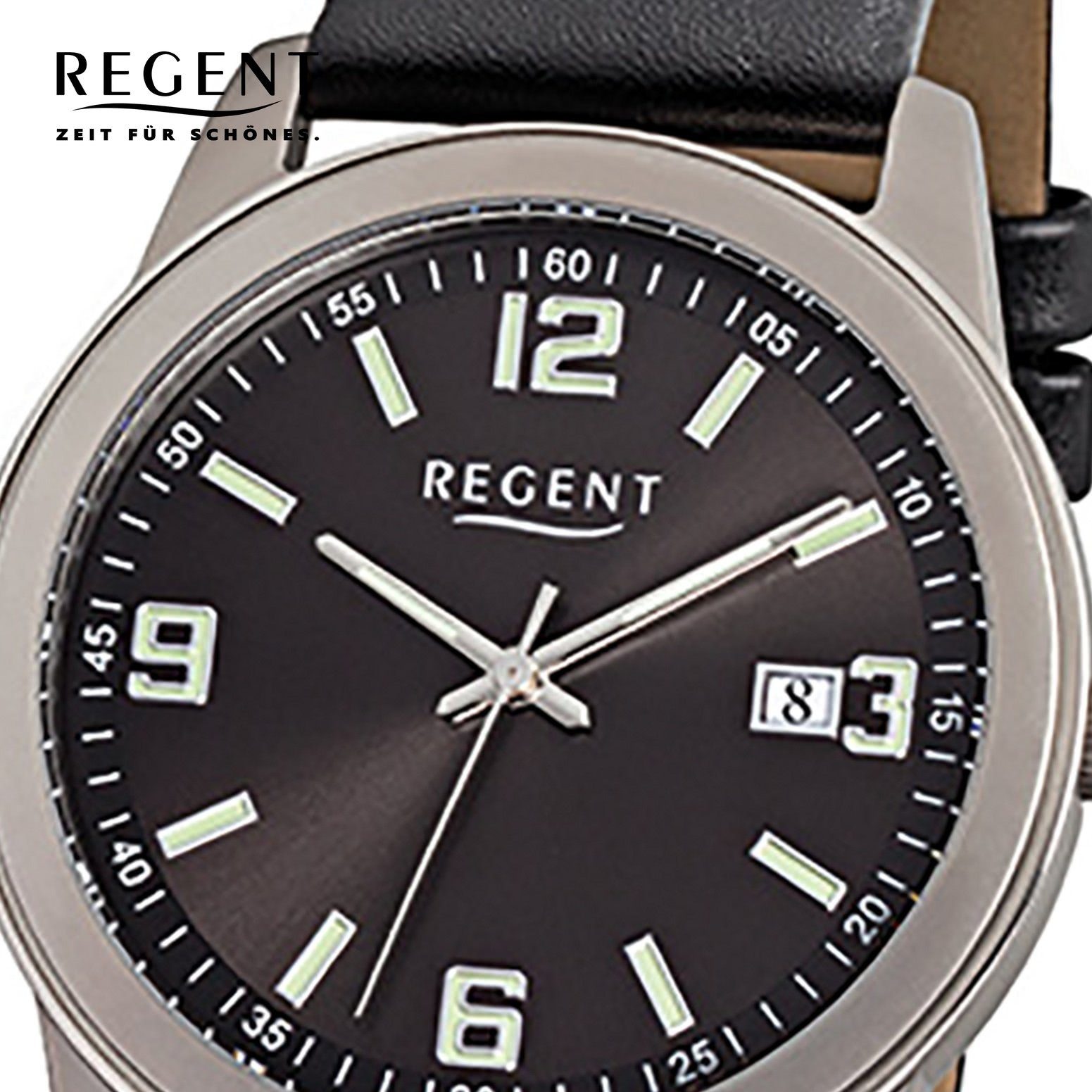 (ca. Regent Armbanduhr Lederarmband Herren-Armbanduhr Herren Quarzuhr rund, 38mm), Regent schwarz Analog, mittel
