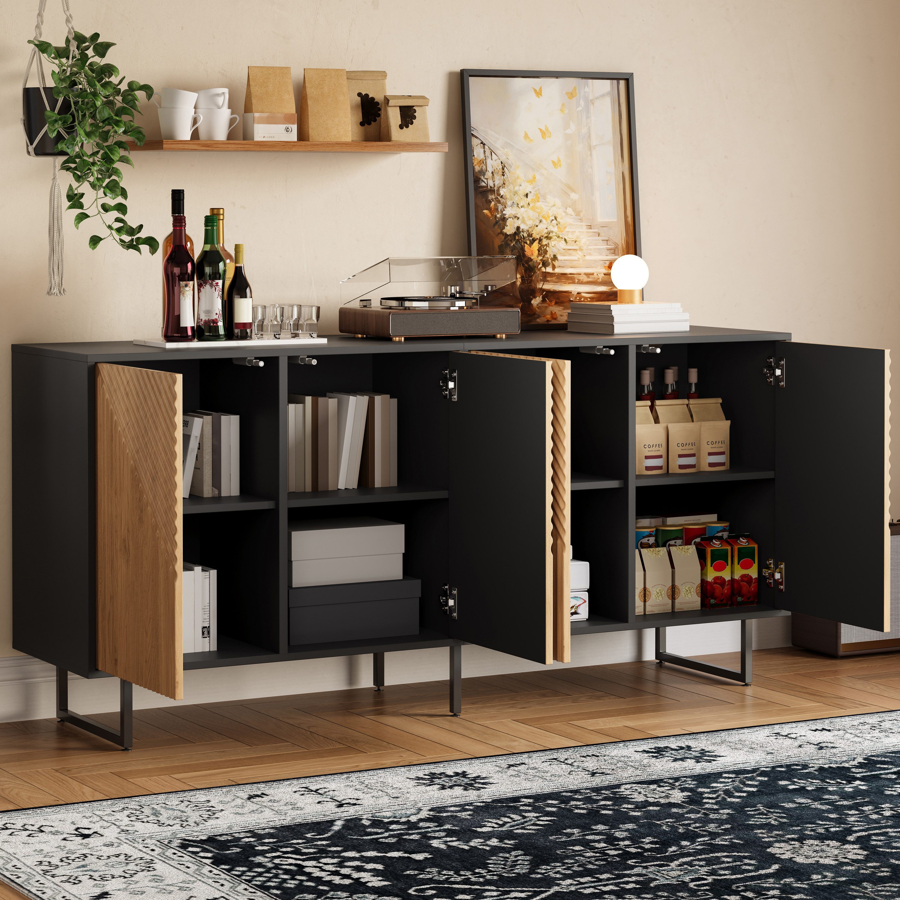 Merax Sideboard in Holzoptik & Schwarz (1 St), Wohnzimmerschrank mit 4 Türen, 8 Fächern und Metallbeinen, 160x40x75cm – Bild 2 von 5