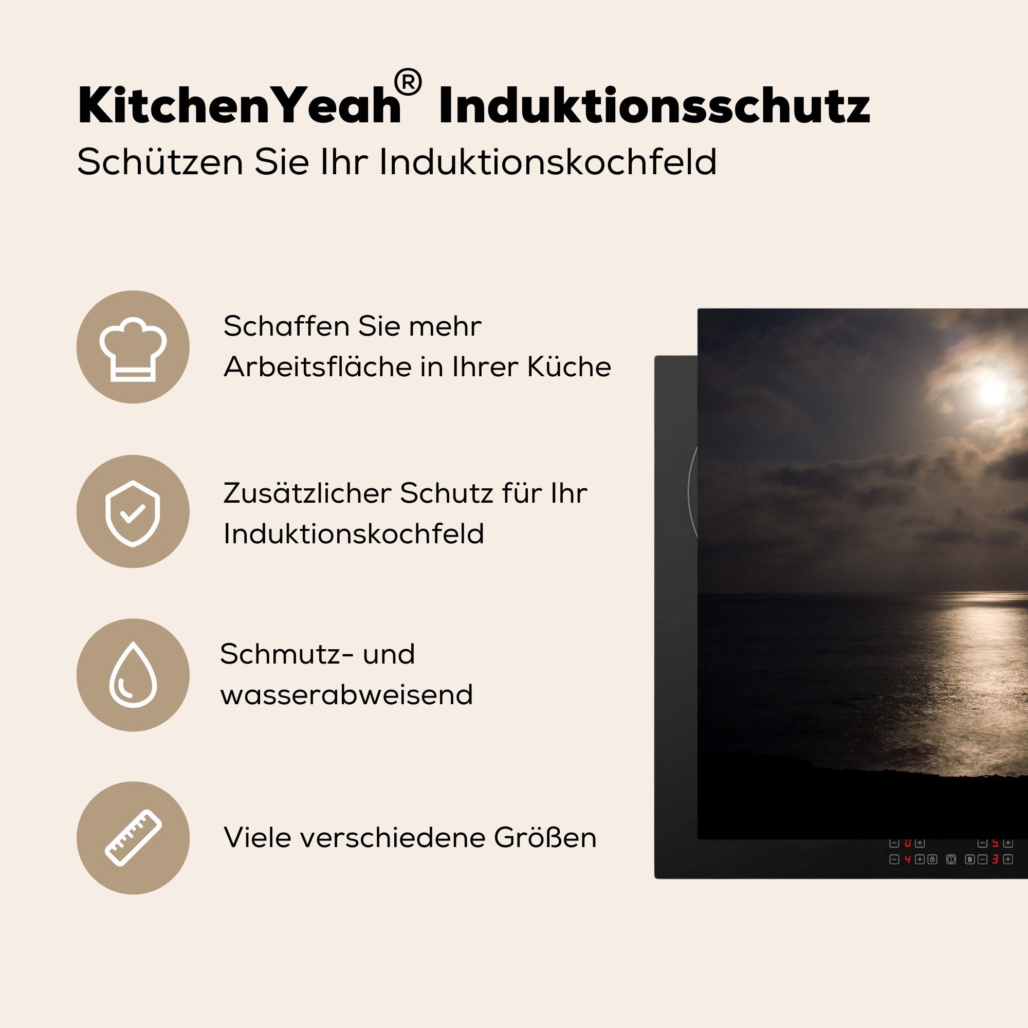 - Induktionskochfeld Vinyl, für MuchoWow Spiegelung, (1 Herdblende-/Abdeckplatte - 81x52 cm, die tlg), Wolken küche, Schutz Ceranfeldabdeckung Mond