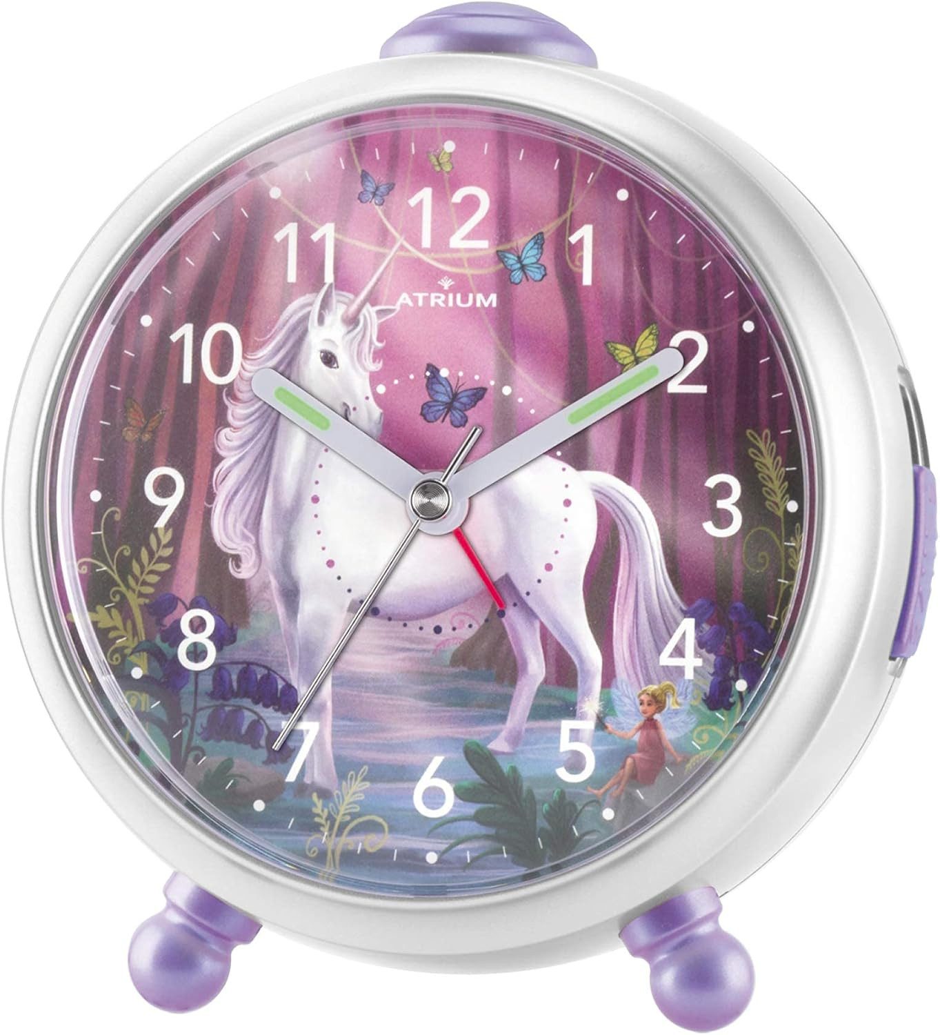 Atrium Kinderwecker A932-0 Miraluna Analog Quarz leise Licht Snooze Mädchen Einhorn Lila Geschenk Ø10,5cm